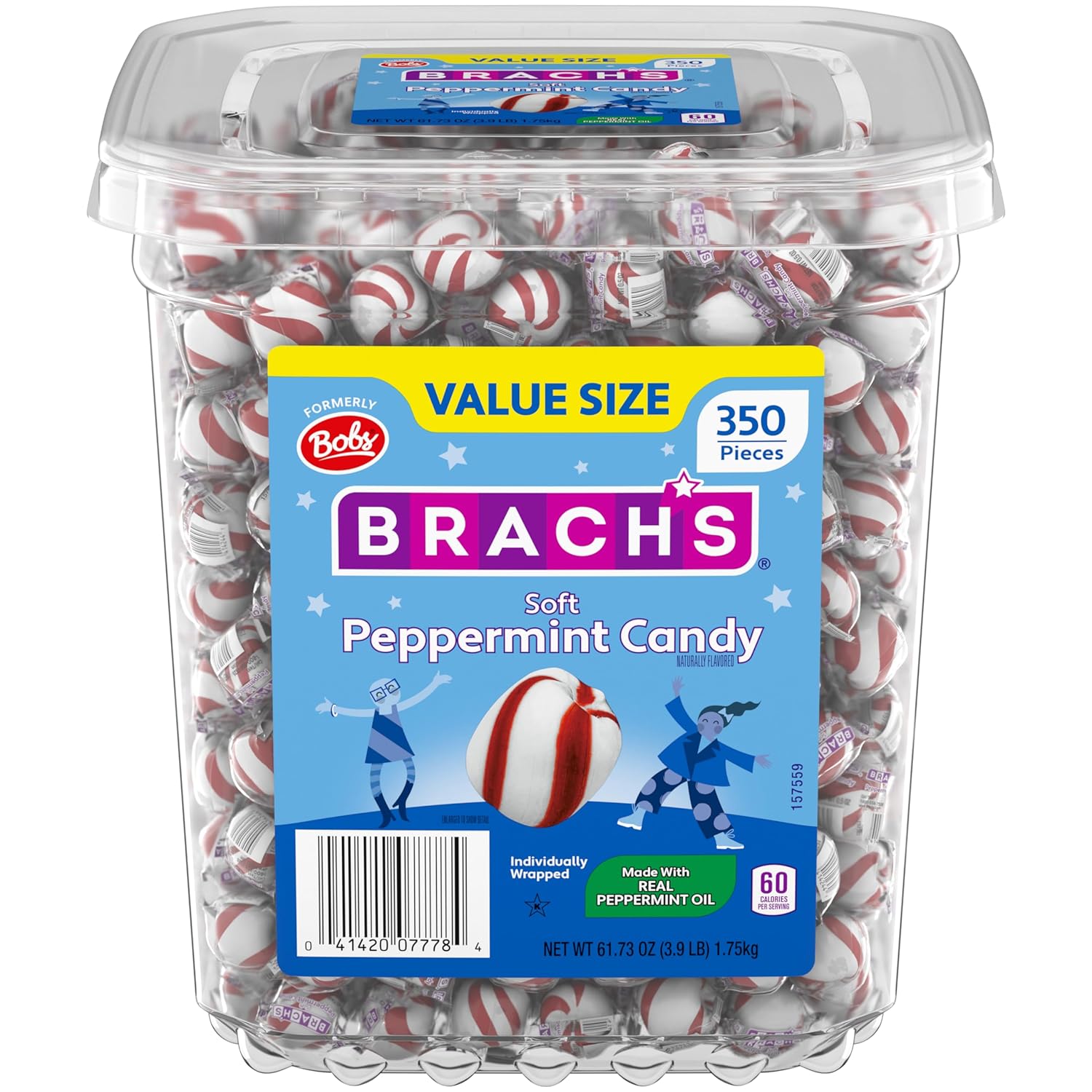 brachs bobs sweet stripes soft peppermint candy, individually wrapped pieces, 3.9 lb tub
