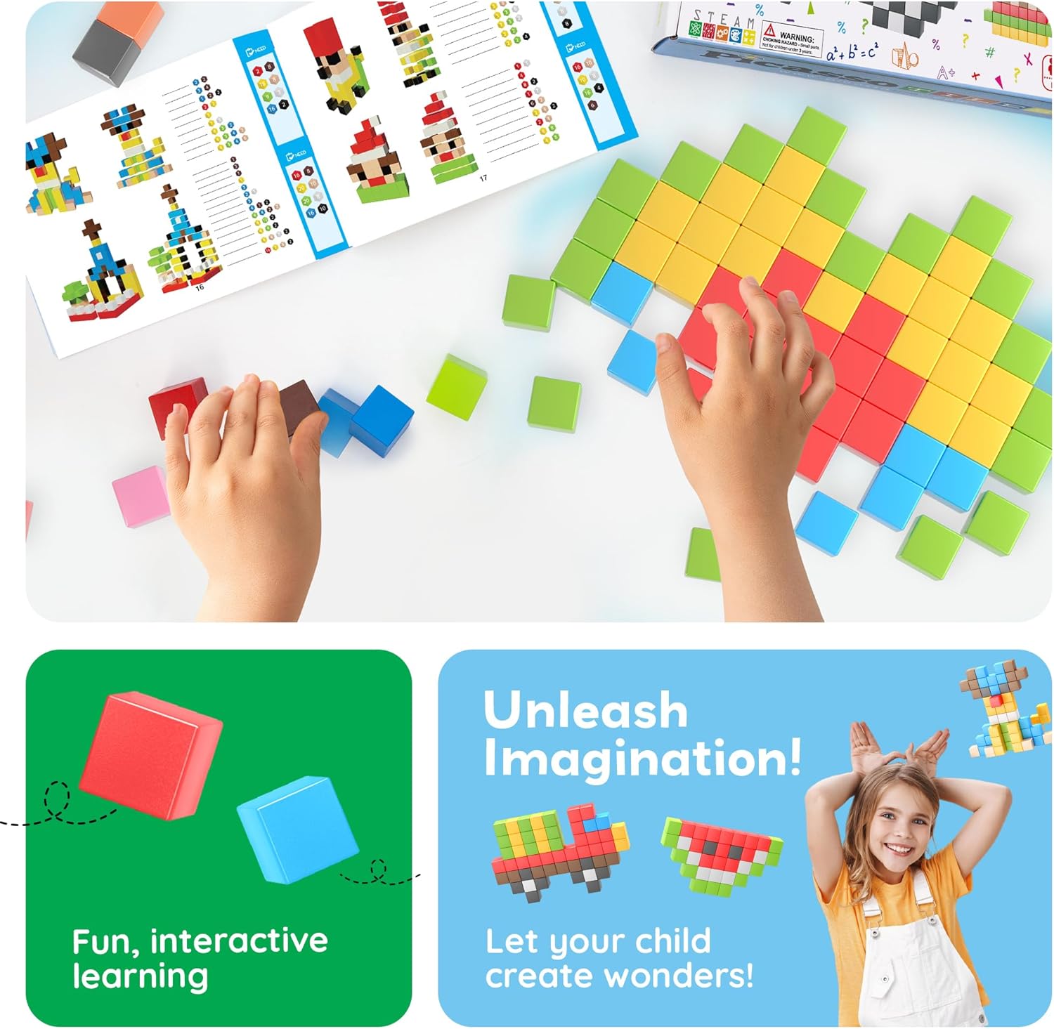 PicassoTiles 108pcs 1” Magnetic Puzzle Cubes Magnet Toys Preschool Construction Building Block Set Sensory Toy Early Education STEM Learning Come with Ideabook for Children Age 3+ Boy Girl PMC108
