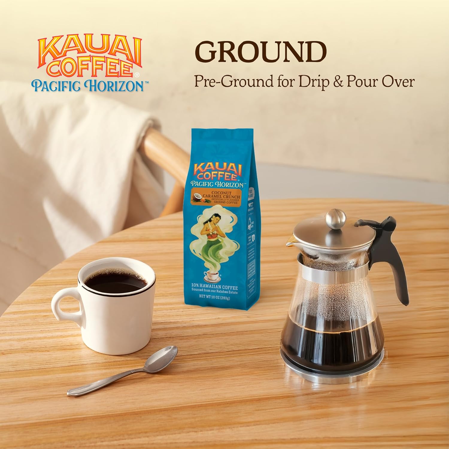 kauai coffee coconut caramel crunch 10% hawaiian arabica 10oz ground coffee, smooth and rich medium roast