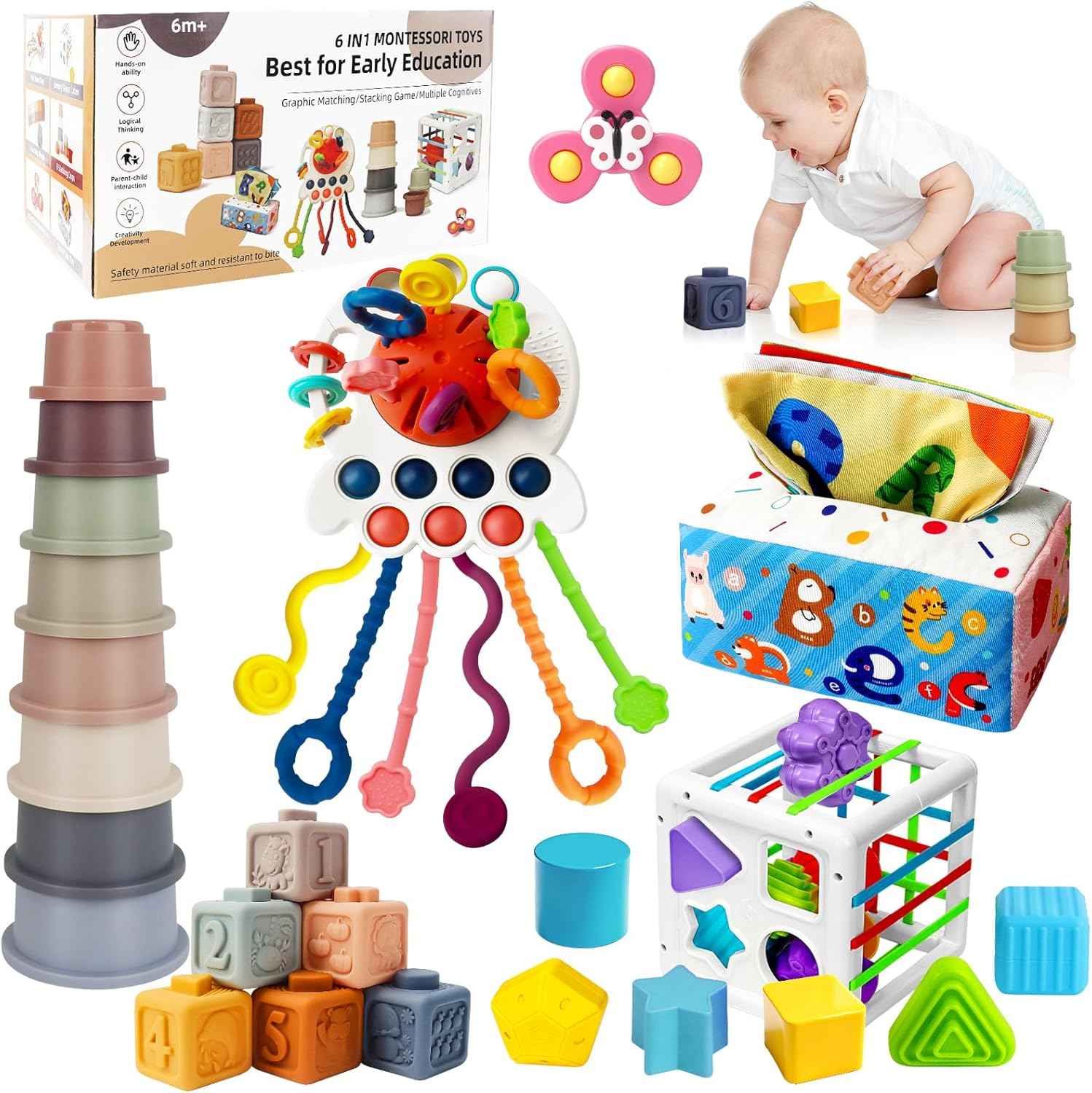 EPOGG 6 in 1 Montessori Toys for Babies 6-12 Months Up - Incl Pull String Toy, Stacking Cups, Tissue Box, Suction Cup Spinner, Stacking Blocks,Activity Cube, Baby Toys for 1 2 3 Year Old