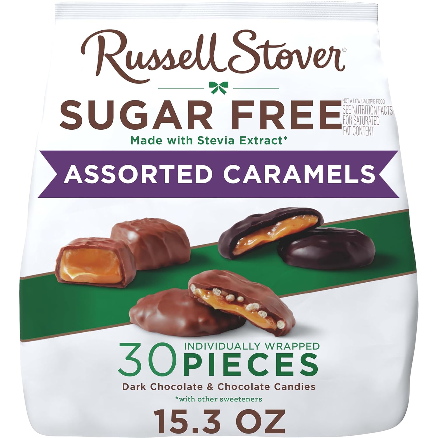 russell stover sugar free assorted caramels in chocolate, 15.3 oz. bag, made with stevia extract, no added sugar