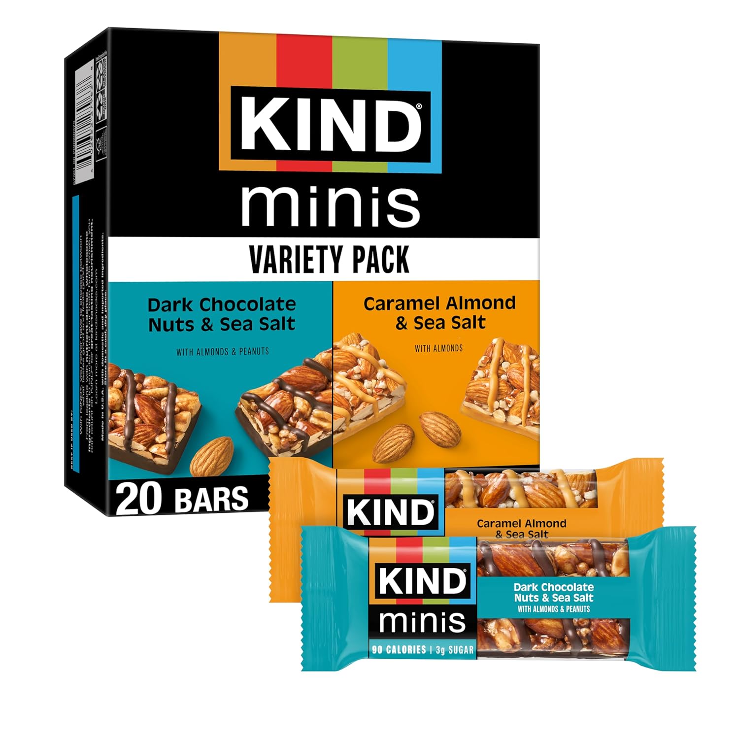 KIND Minis Snack Bars, Dark Chocolate, Caramel, Nuts & Sea Salt, Gluten Free, 20 Count, 0.7 OZ, Variety Pack