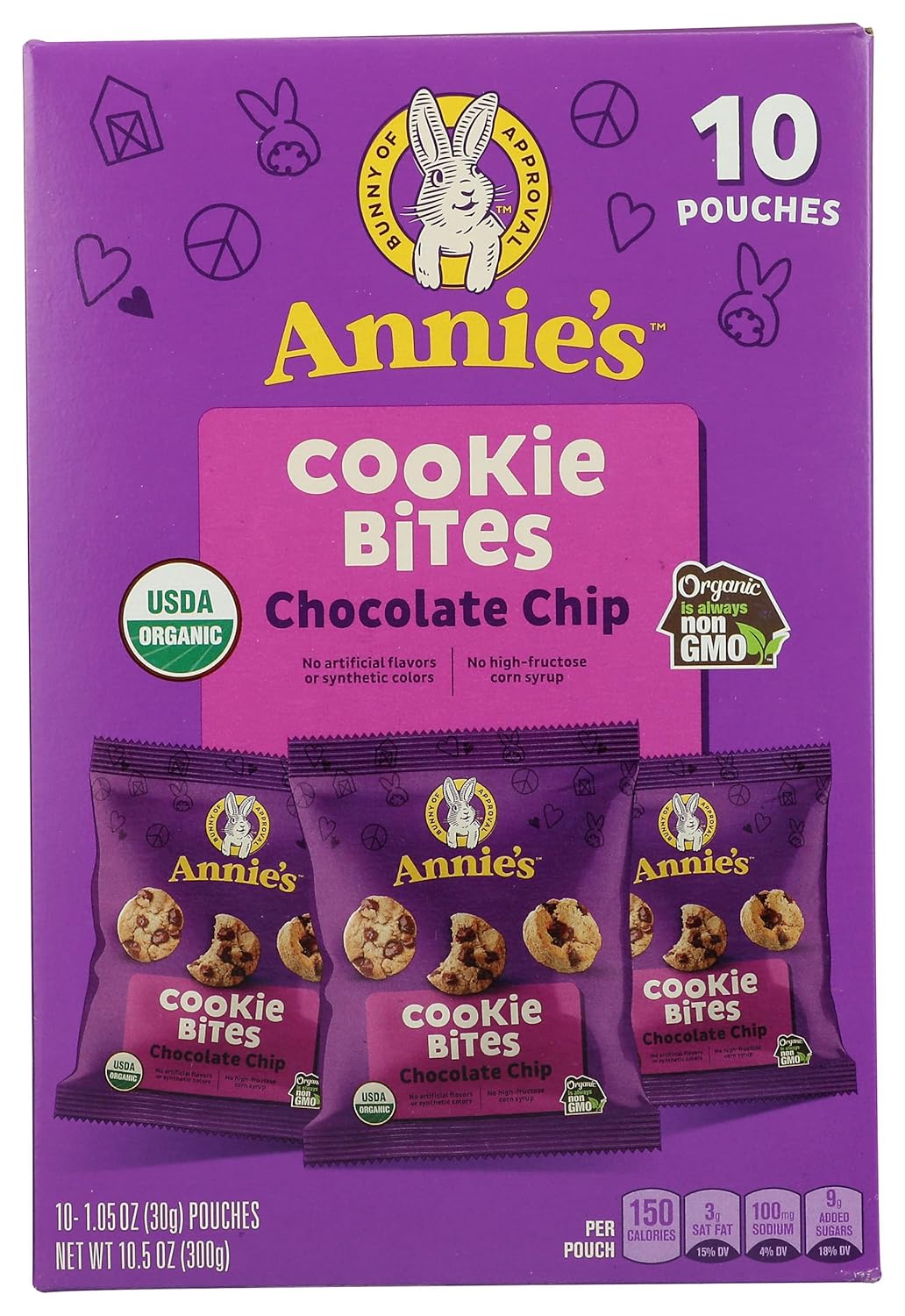 Annie's organic chocolate chip cookie bites, 10 pouches, 10.5 oz, no artificial flavors, non-GMO, certified USDA Organic