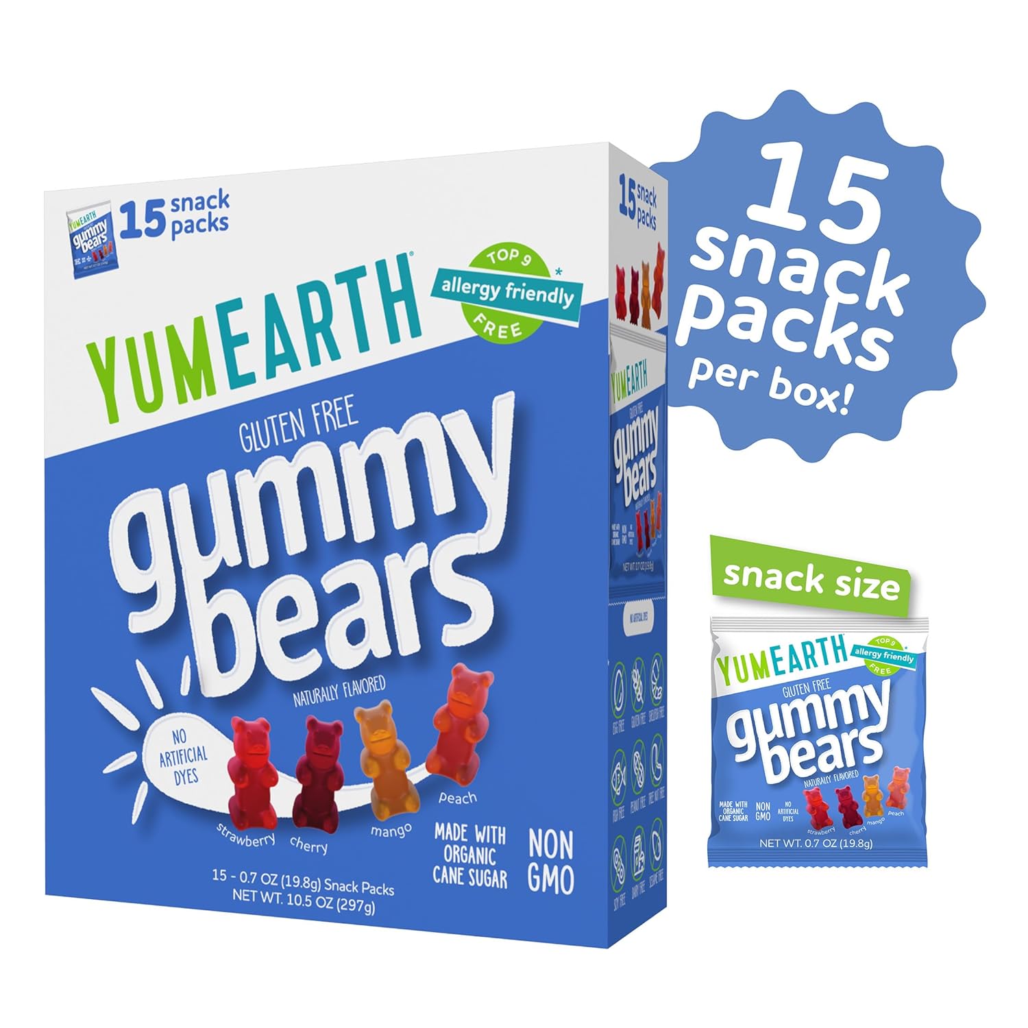 yumearth organic gummy bears fruity snack packs gluten free allergy friendly non gmo 10.5 oz pack of 15