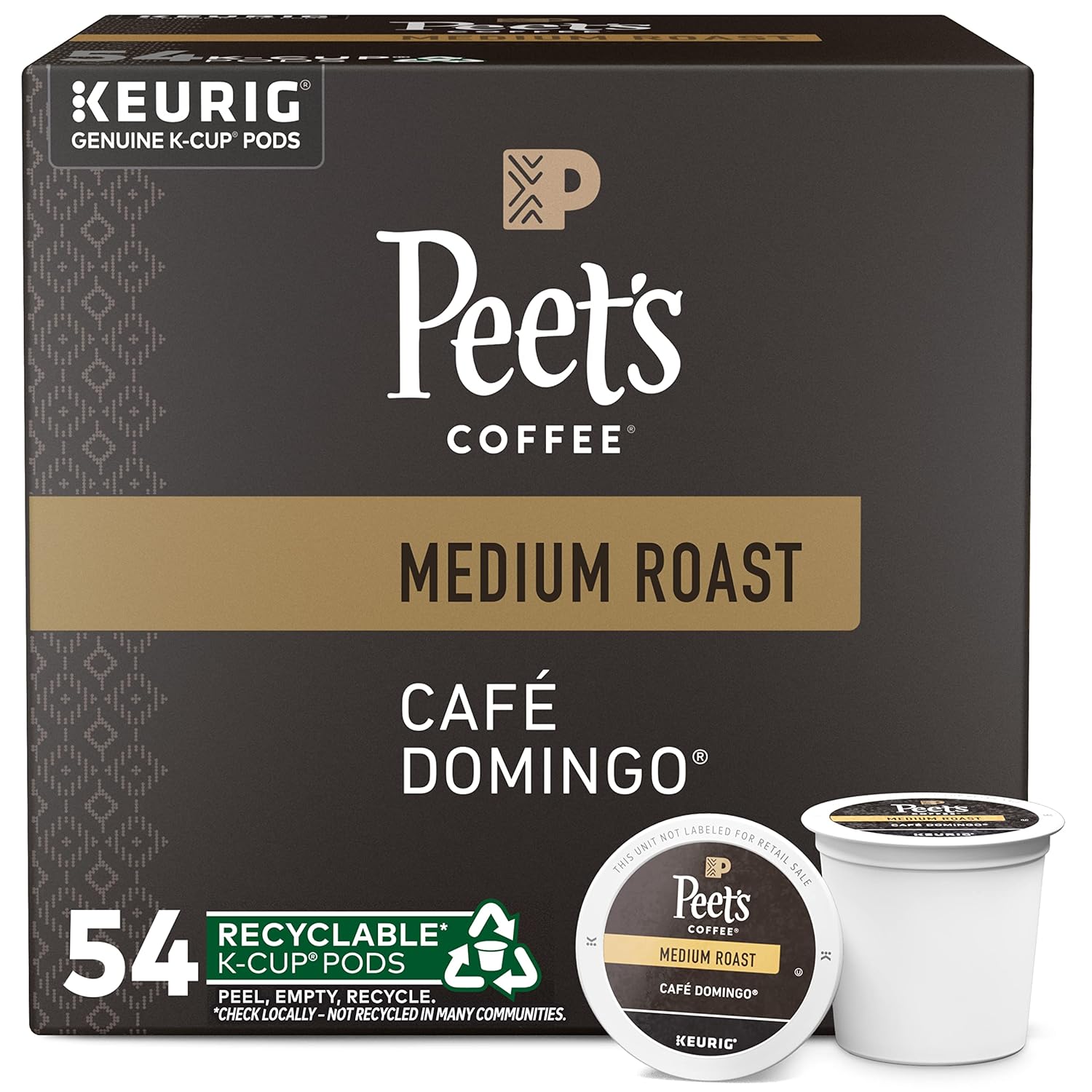 Peet's Café Domingo Medium Roast 100% Arabica Coffee Keurig K-Cup Pods, 54 Count, recyclable, compostable