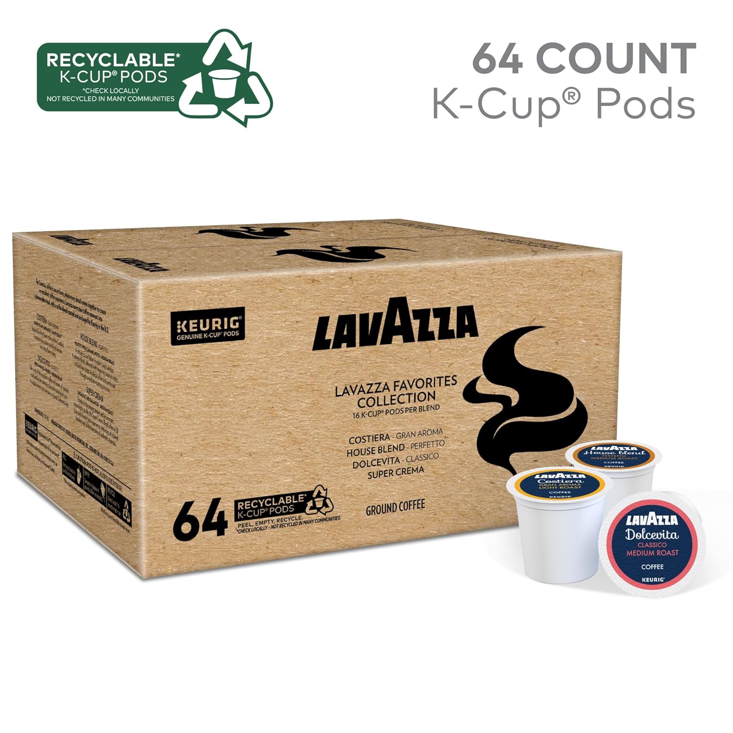lavazza favorites collection variety pack, keurig k-cup pods, light and medium roast coffees, 64-count box