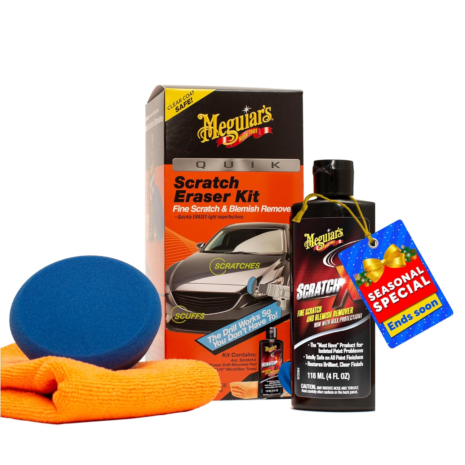 Meguiar's Quik Scratch Eraser Kit for car surface blemishes, includes ScratchX and microfiber towel