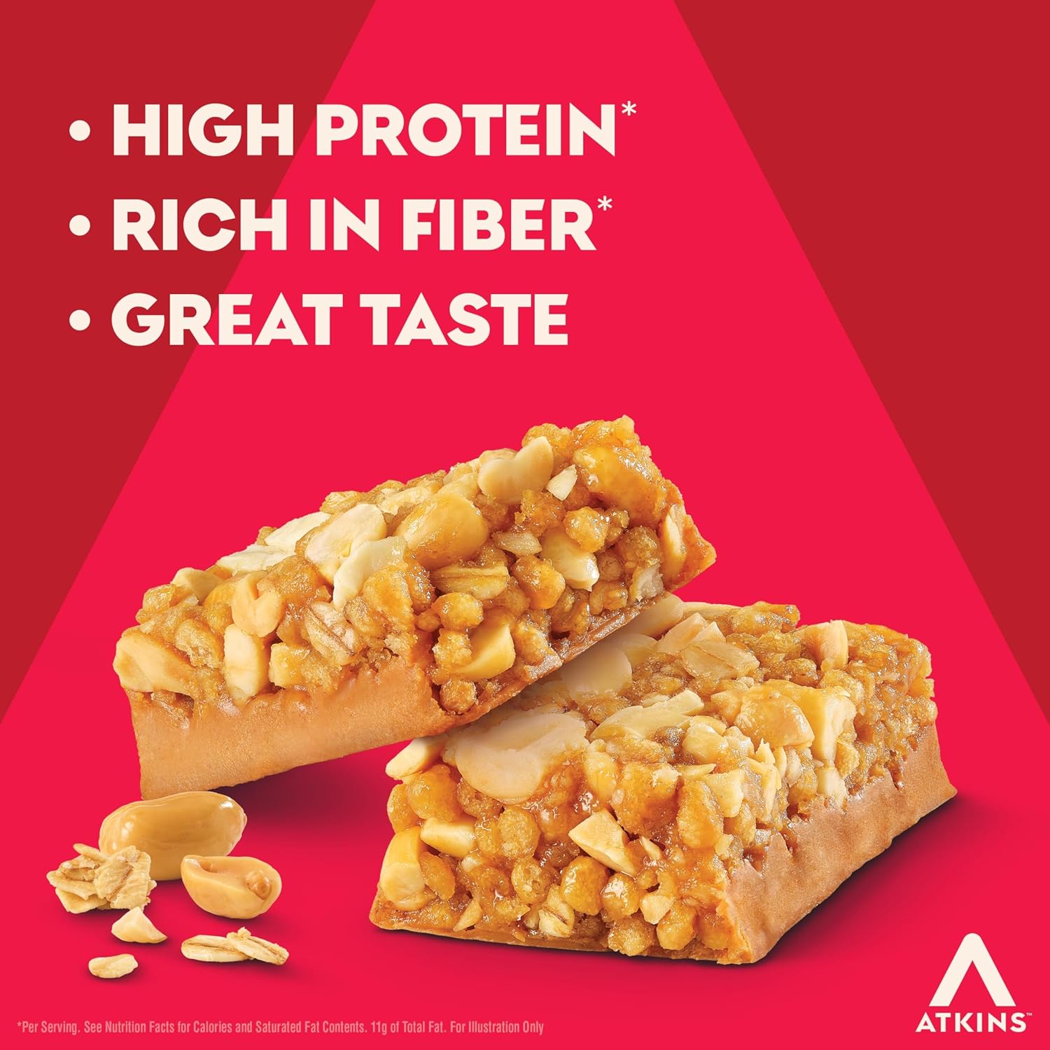 atkins peanut butter granola high protein bar, 16g protein, 1g sugar, 12 count