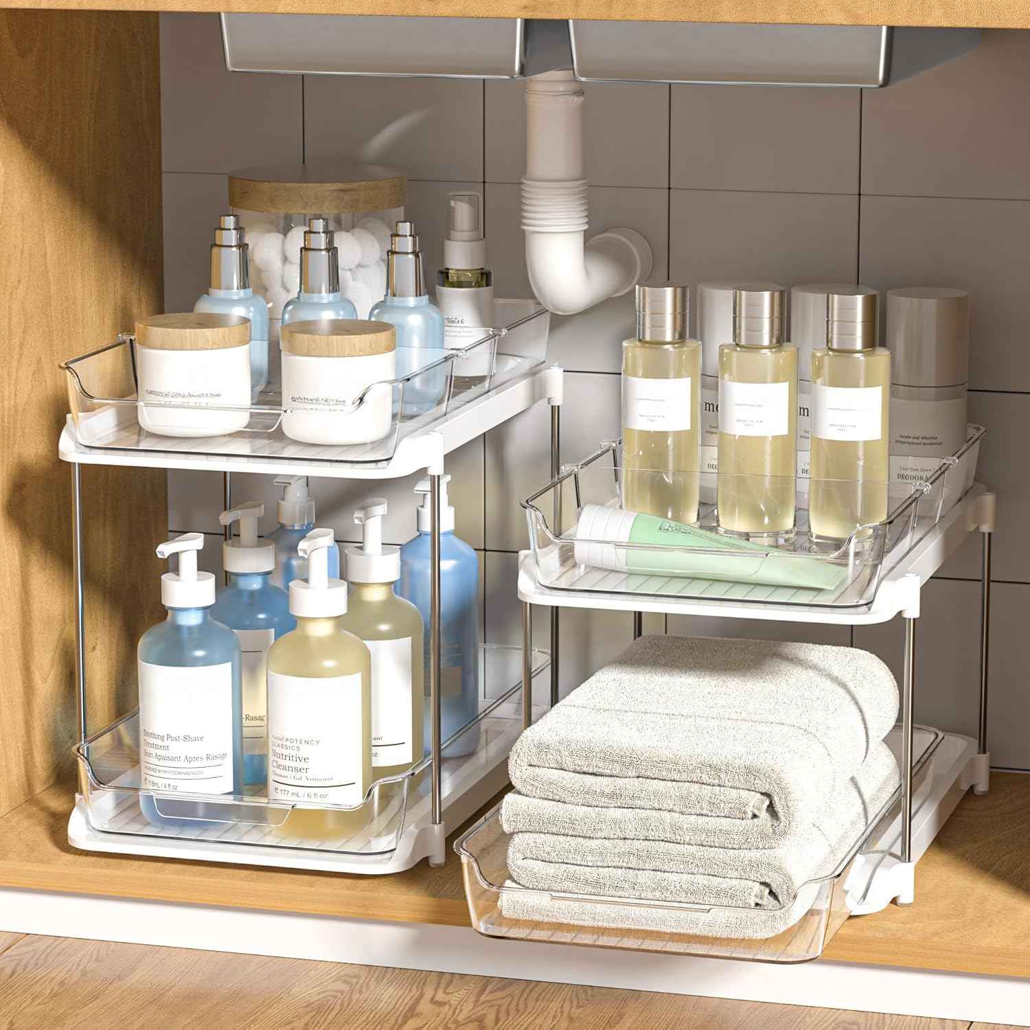Delamu 2-Tier Multi-Purpose Bathroom Under Sink Organizers and Storage, Stackable Kitchen Pantry Organization, Pull Out Medicine Cabinet Organizer with Movable Dividers, White, 2 Pack