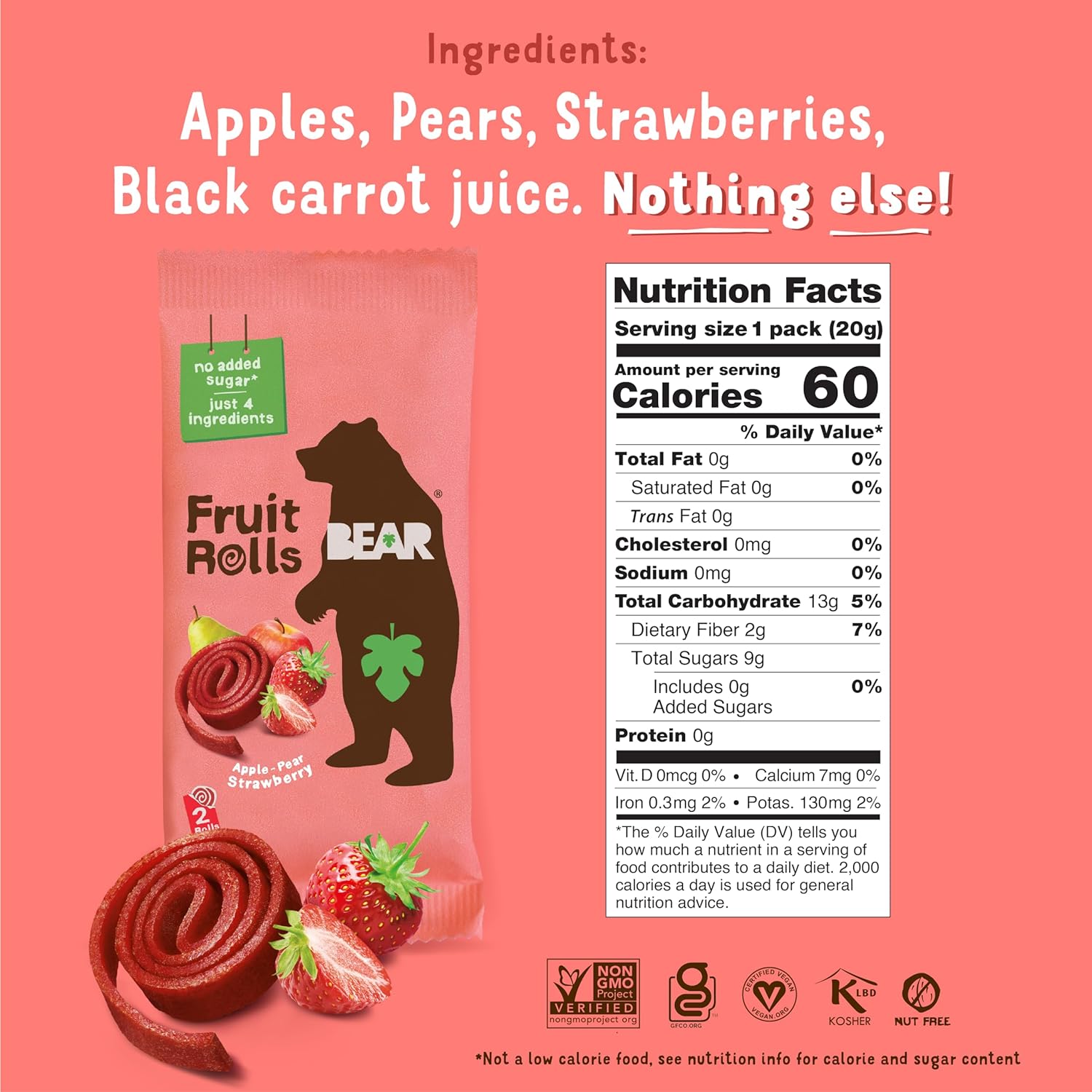 BEAR Real Fruit Snack Rolls - Gluten Free, Vegan, and Non-GMO, 0.7 Ounce, 36 Rolls, Strawberry, Healthy Snacks for Kids and Adults