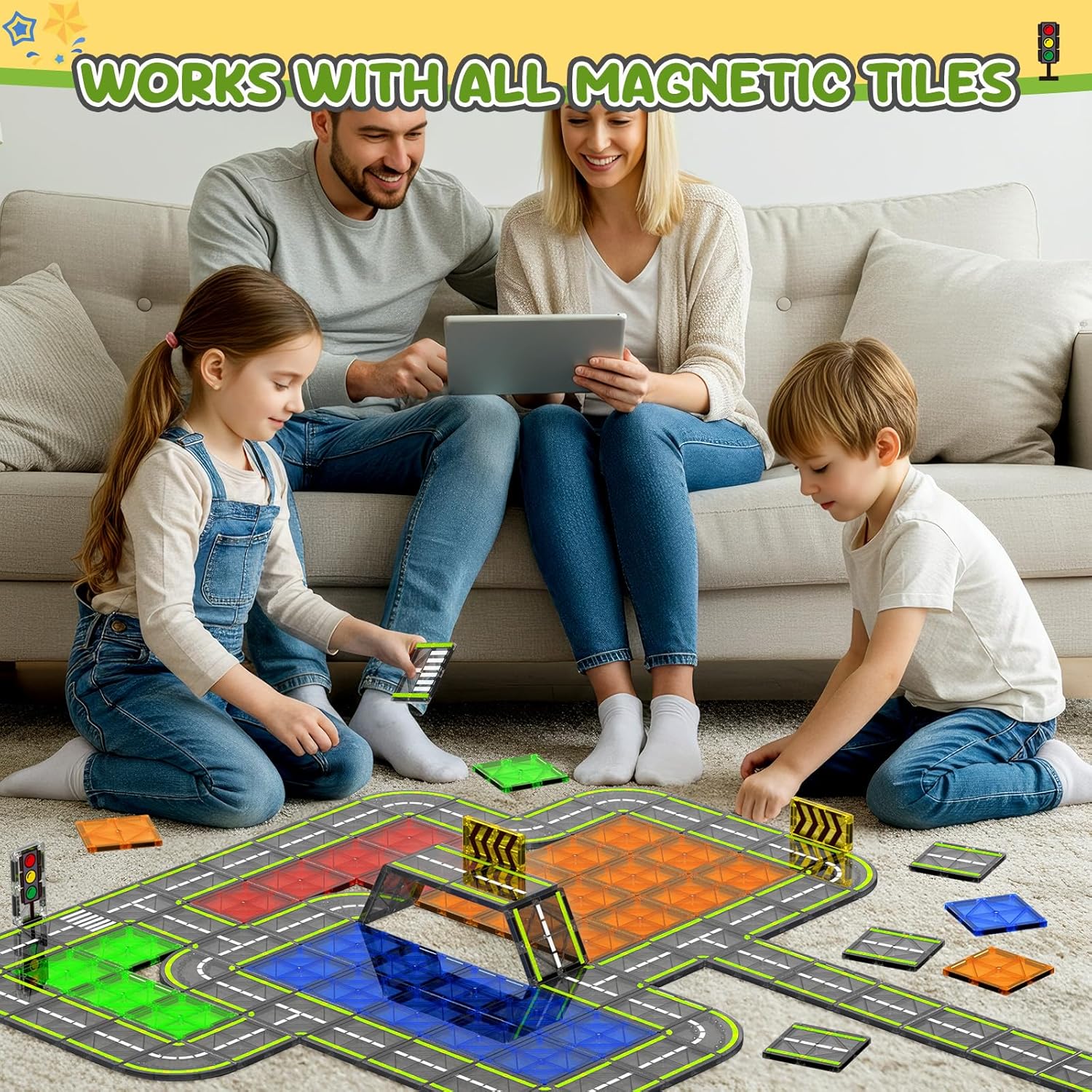 HarworLife Magnetic Tiles Road Set, Magnetic Building Blocks for Toddler Kids, Montessori Educational Magnet Toys for Kids Ages 3+Year Old, STEM Creative Toy for Christmas Birthday Gifts