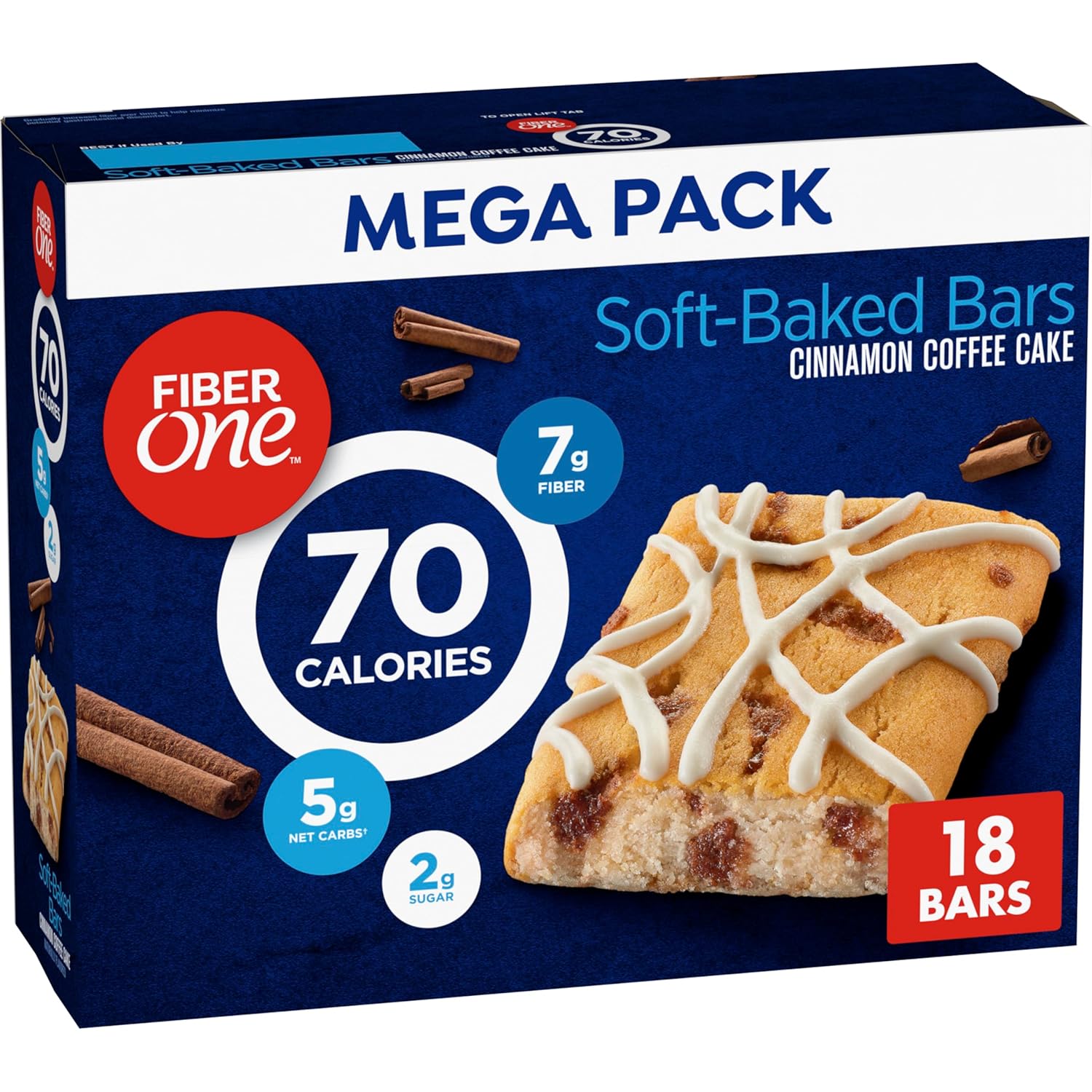 Fiber One 70 Calorie Soft Baked Cinnamon Coffee Cake Bars, 18 Ct, 16 oz Mega Pack, Low Calorie Snack