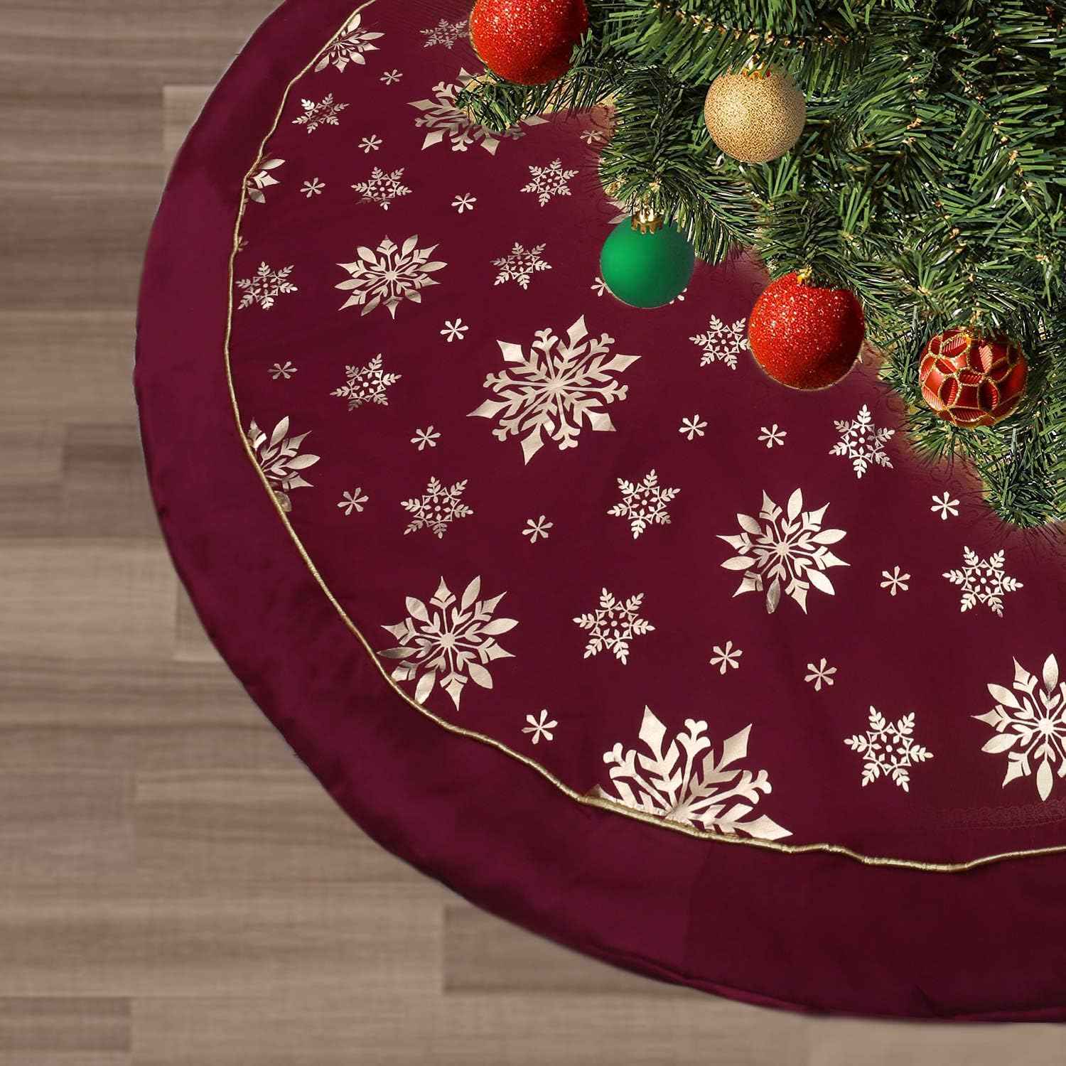 Flash World 48 Inch Large Christmas Tree Skirt Xmas Soft Cover Mat Decor Snowflake Collar Farmhouse Tree Skirt for Holiday Ornaments Party Home Indoor Decorations (Red, 48INCH)