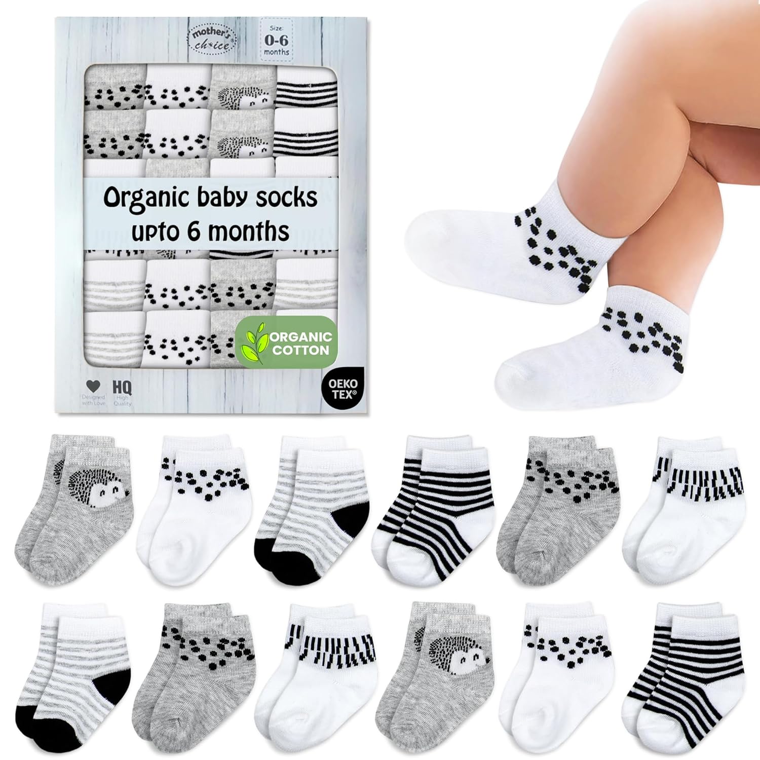 Mother's Choice Organic Cotton Baby Socks 0-6 Months, 12 pairs, Soft, Cozy, and Gentle Socks for Infants Girls and Boys