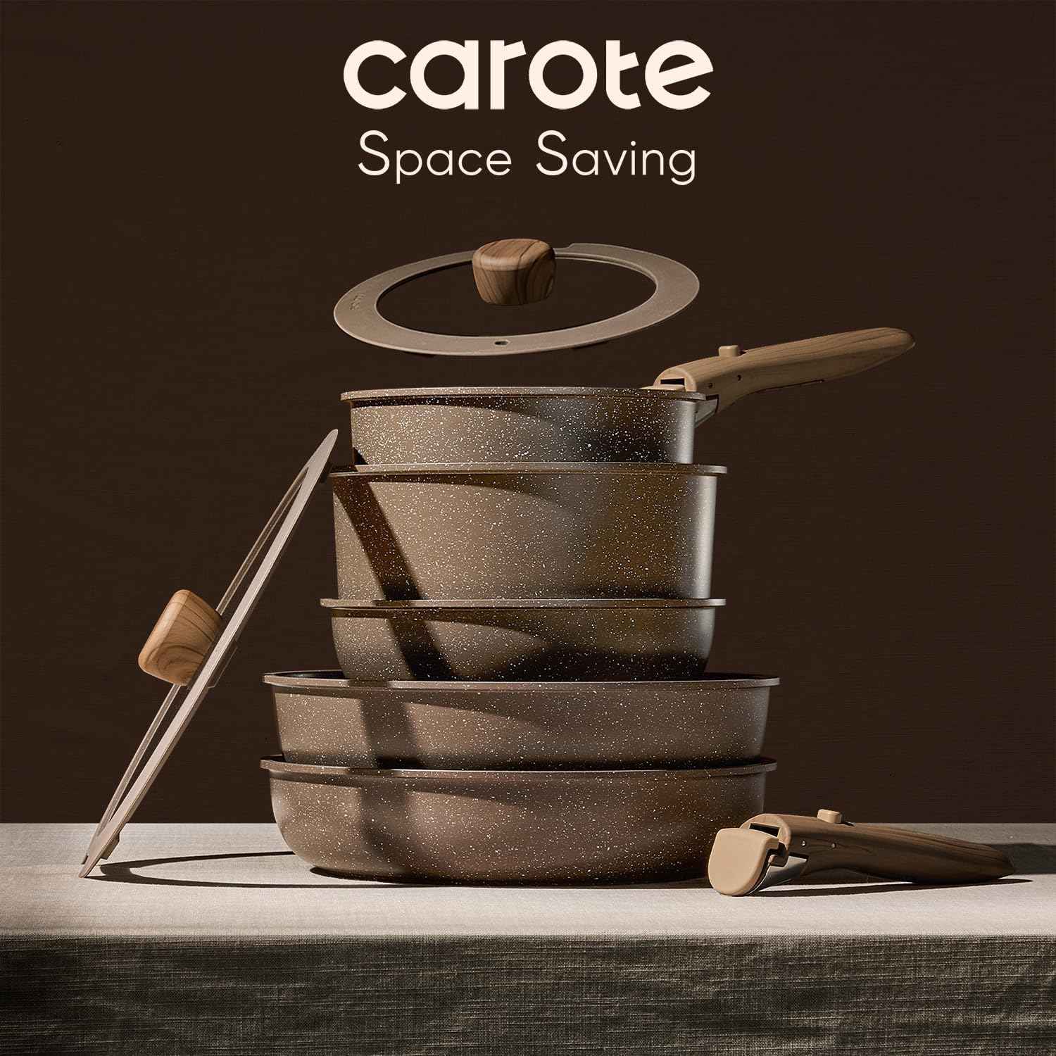 CAROTE 17PCS Pots and Pans Set Non Stick with Detachable Handle, Nonstick Cookware Sets, Cooking Kitchen Set, Oven/Dishwasher Safe, Induction Cookware, Brown, RV Kitchen Pot and Pan