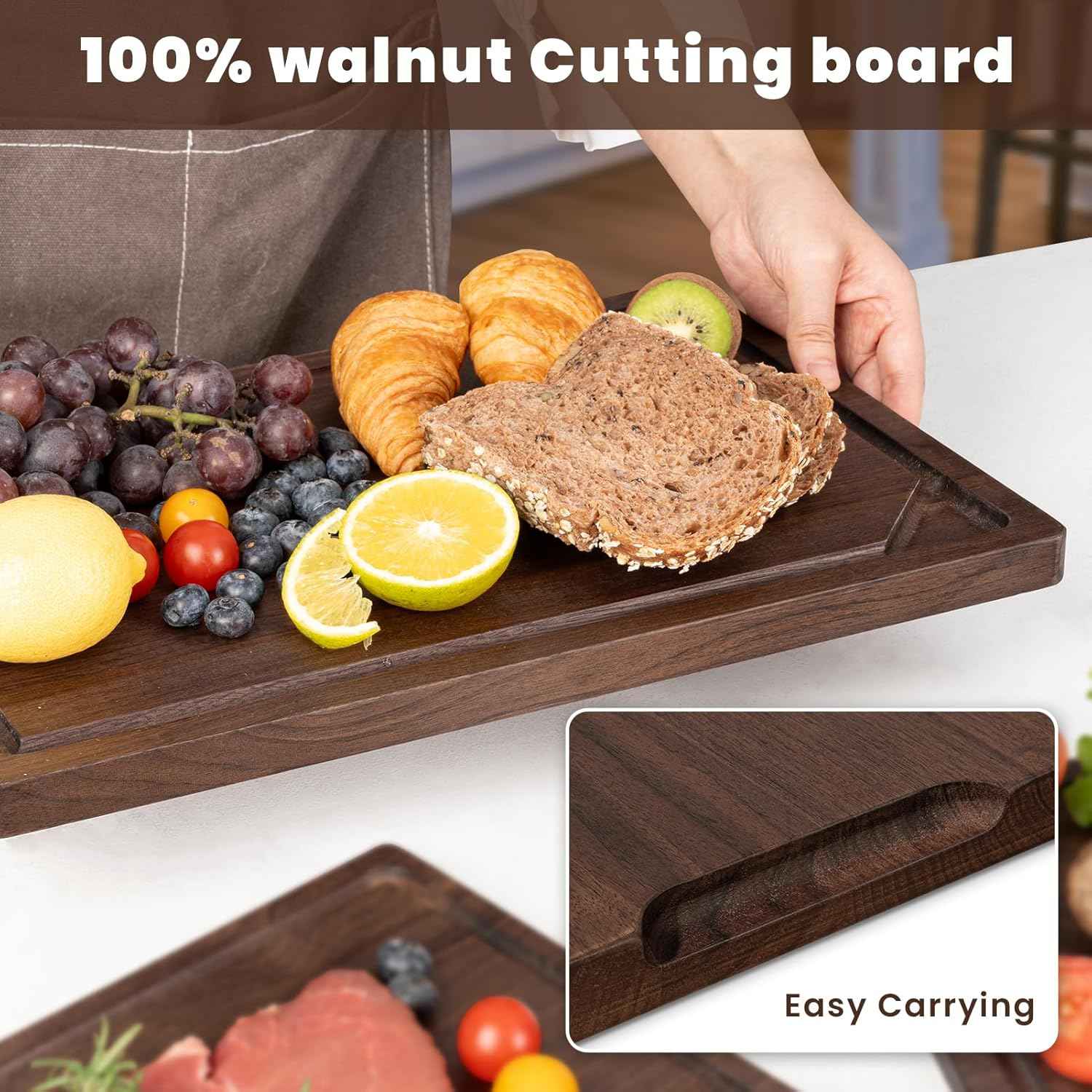 Heimlove Walnut Wood Cutting Board for Kitchen, 24"x18" Reversible Wooden Chopping Board with Deep Juice Grooves and Handles, Natural Walnut Wood Cutting Board for Chopping, Cheese, Vegetables
