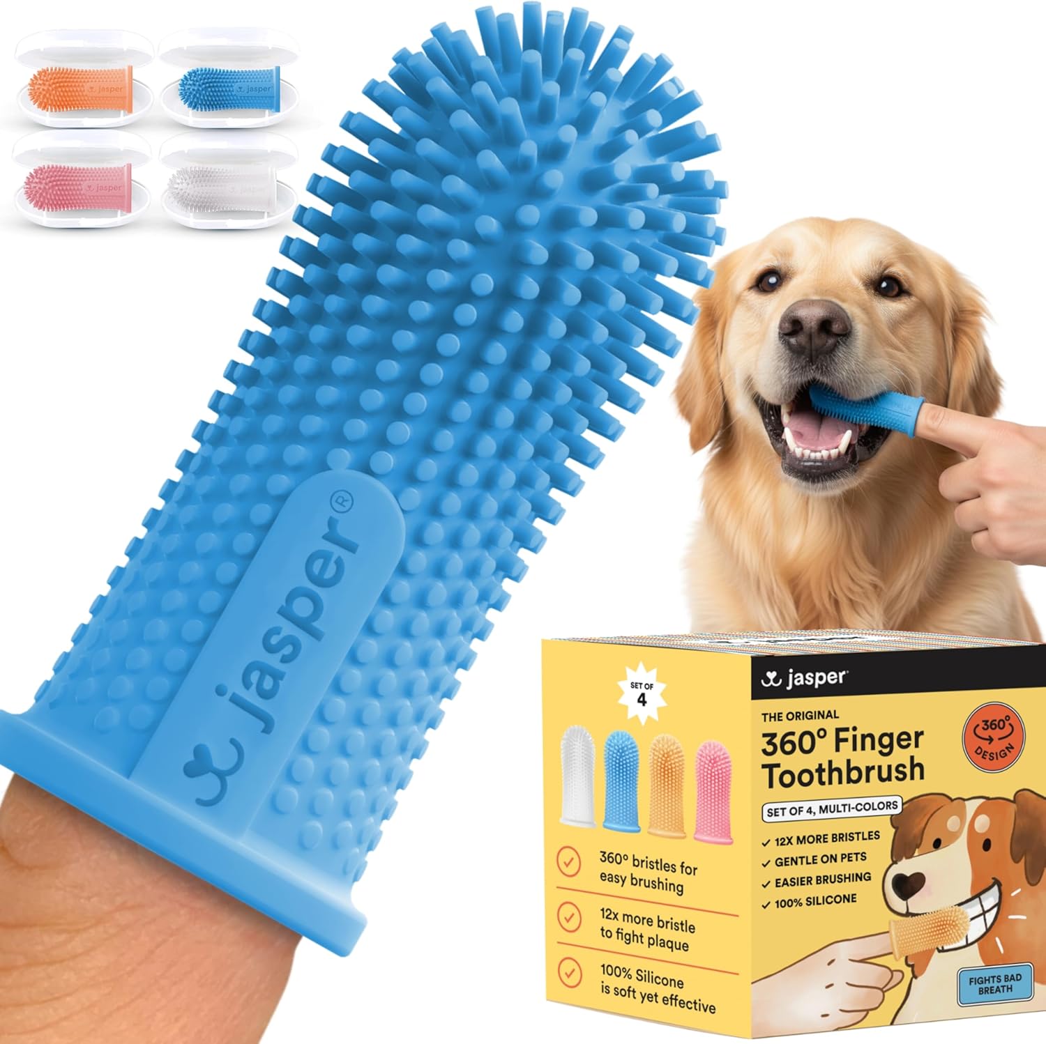 Jasper 2-pack 360-degree dog toothbrush kit for small and large pets, blue