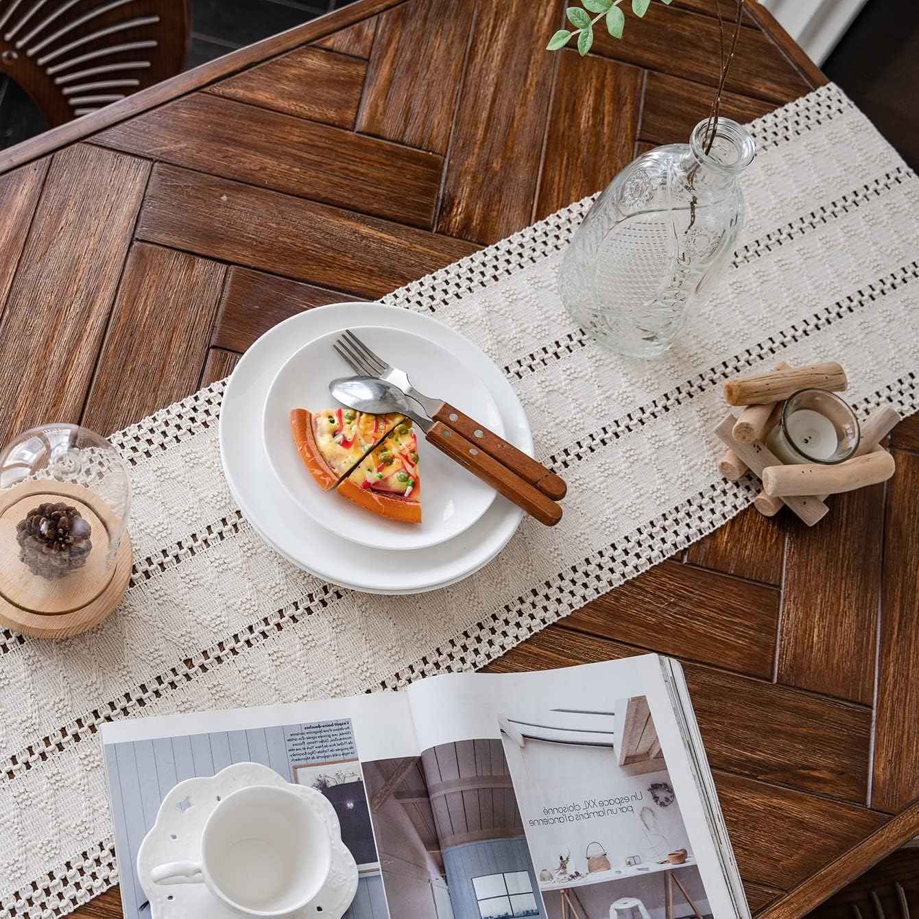 Alynsehom Macrame Table Runner Cream Beige Boho Table Runners with Tassels Hand Woven Cotton Table Runner Rustic Farmhouse Table Runners for Bohemian Kitchen Dining Table(12x71in)