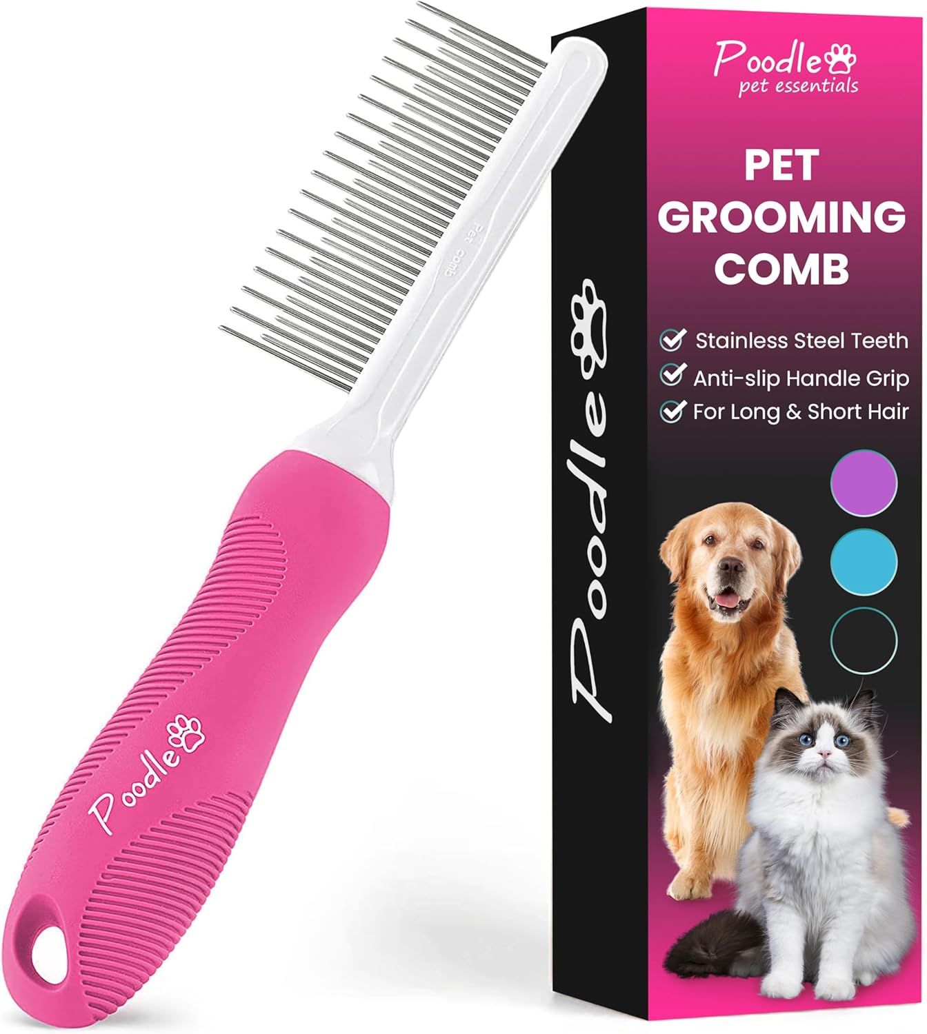 poodle-dematting-fur-rake-comb-brush-for-dogs-and-cats-with-long-2.5inch-steel-safety-blades