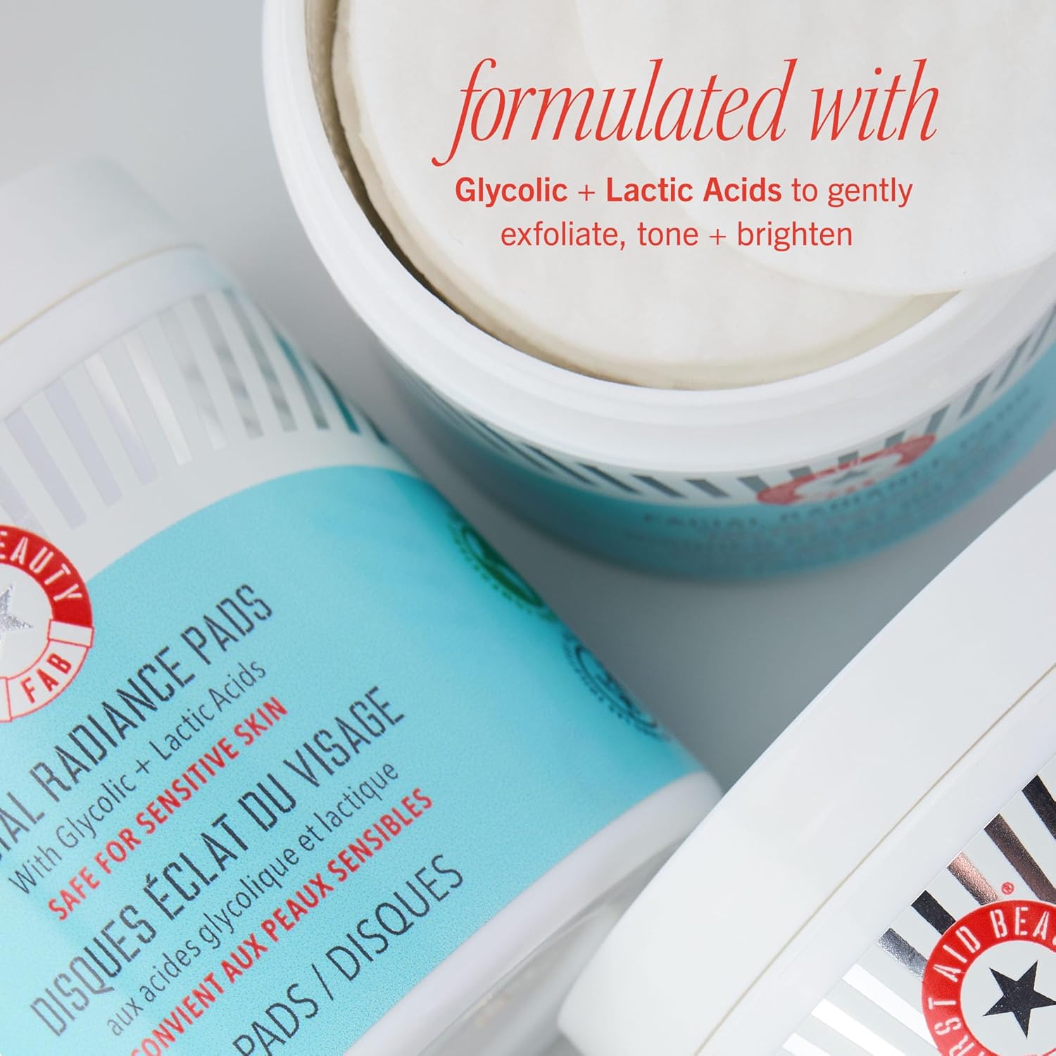 First Aid Beauty facial radiance pads with glycolic lactic acids daily exfoliating pads for sensitive skin compostable one-step makeup prep 28 count