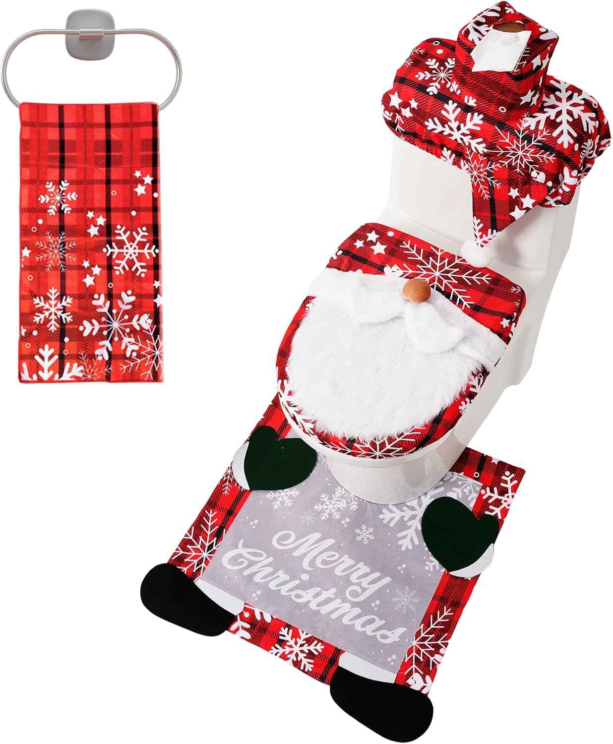 JOYIN 5 Pieces Christmas Theme Bathroom Decoration Set w/Toilet Seat Cover, Rugs, Tank Cover, Toilet Paper Box Cover and Santa Towel for Xmas Indoor Décor, Party Favors (Santa)