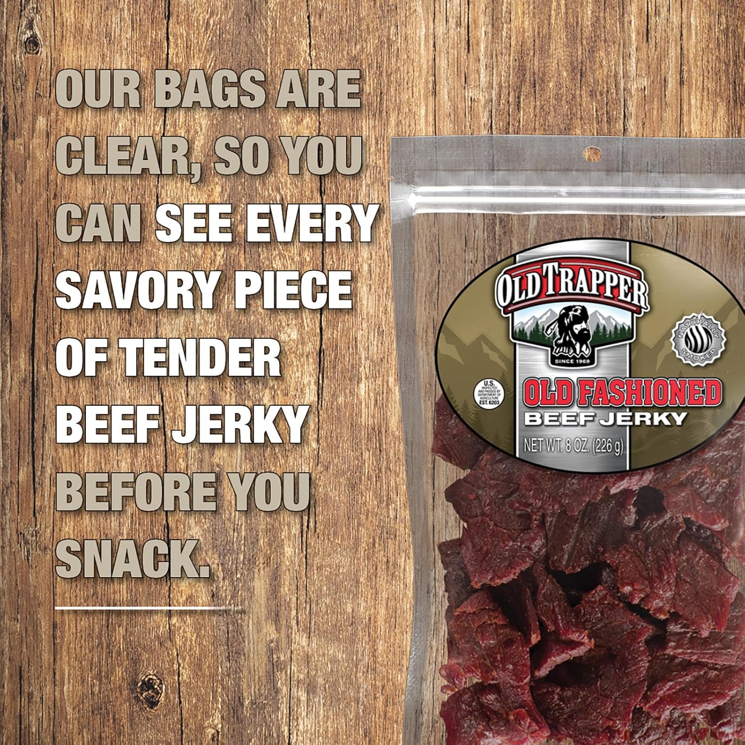 Old Trapper old fashioned beef jerky, tender meat snacks with 11 grams of protein, zero grams of fat, and 70 calories per serving