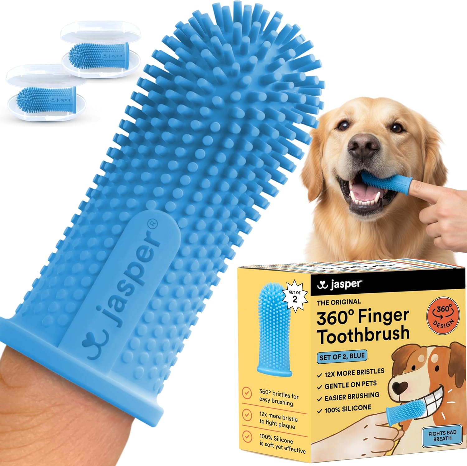 Jasper 2-pack 360-degree dog toothbrush kit for small and large pets, blue