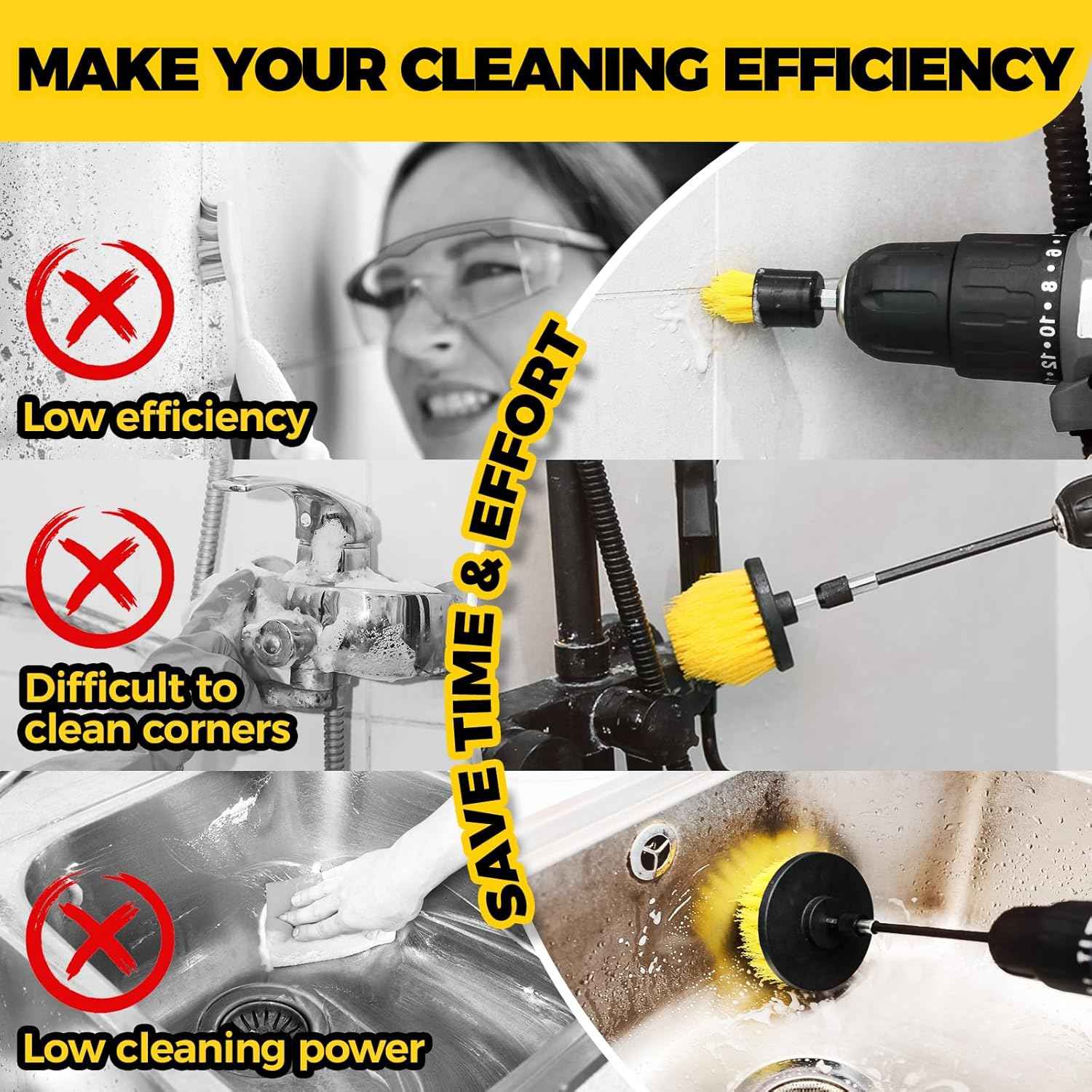 Holikme 6Pack Drill Brush Power Scrubber Cleaning Brush Extended Long Attachment Set All Purpose Drill Scrub Brushes Kit for Grout, Floor, Tub, Bathroom and Kitchen Surface,Scratch Brushes（Yellow）