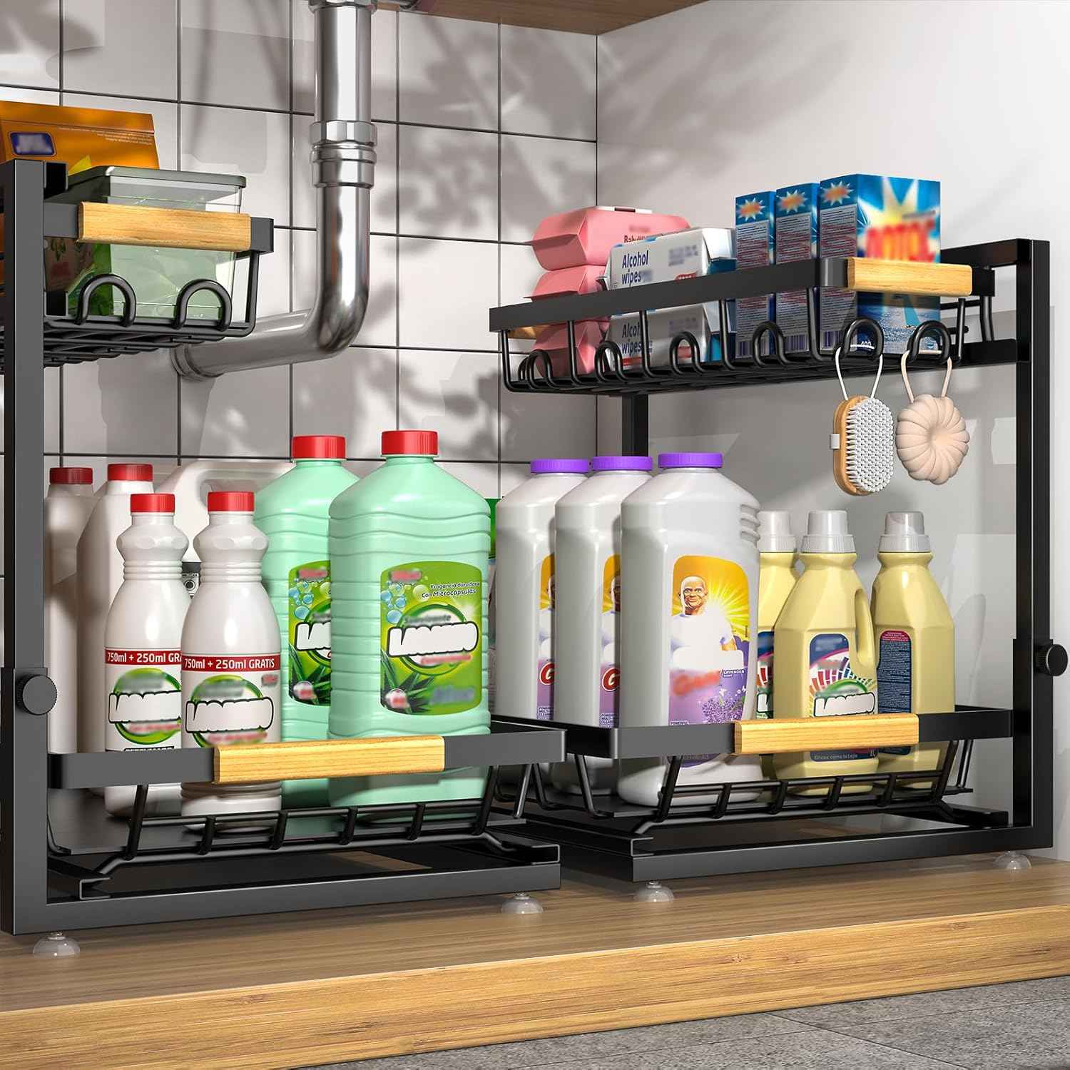 2 Packs Under Sink Organizer, 2026 Upgrade Height Adjustable 2 Tier Under Kitchen Sink Organizer, Multi-Purpose Storage Shelf for Kitchen Bathroom Cabinet (Black)