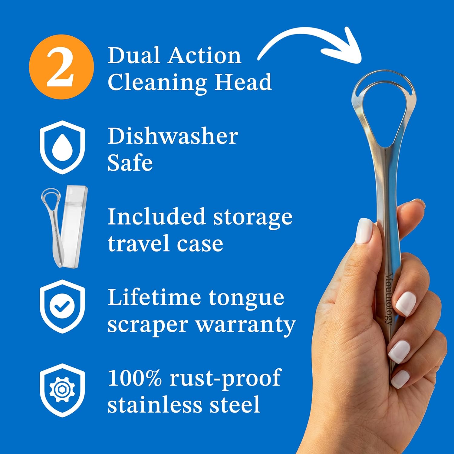 Mouthology 2-pack tongue scraper for adults, metal, stainless steel, tongue cleaner for hygiene