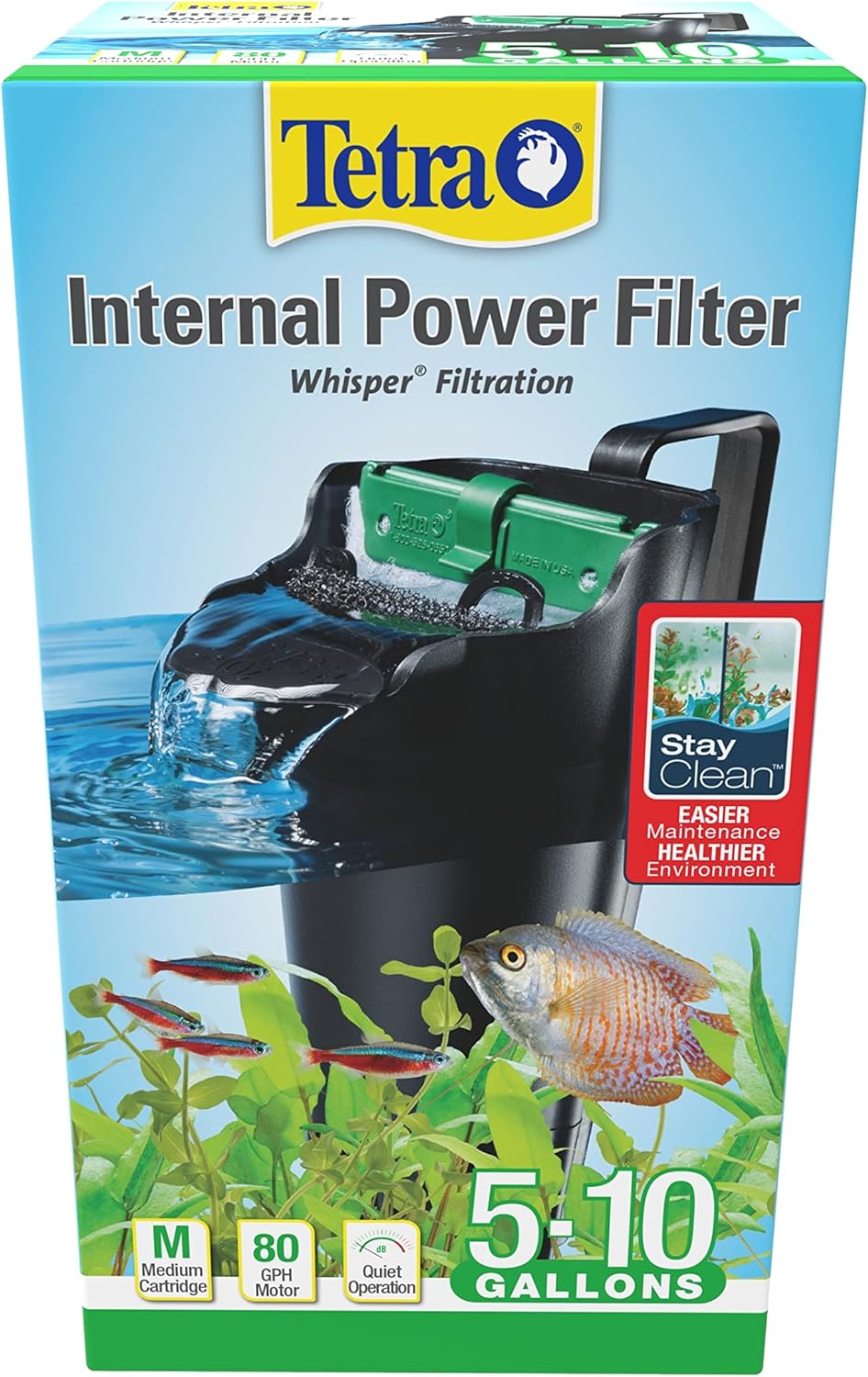 Tetra Whisper Internal Power Filter for 5 to 10 gallon aquariums, in-tank filtration with air pump, black