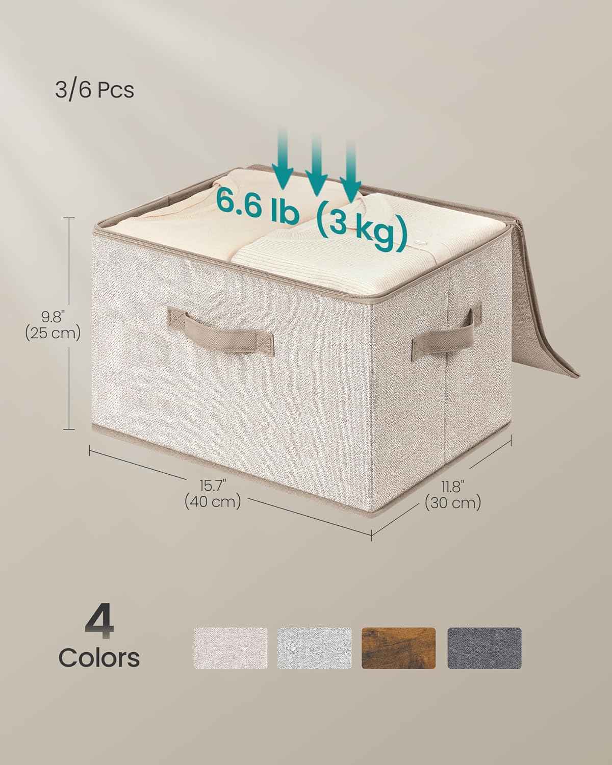 SONGMICS Foldable Storage Organizer Boxes, Set of 3 Storage Basket Bins with Lids, Handles, Clothes Organizer, 15.7 x 11.8 x 9.8 Inches, Non-Woven Fabric, Summer Sand URZB003K01