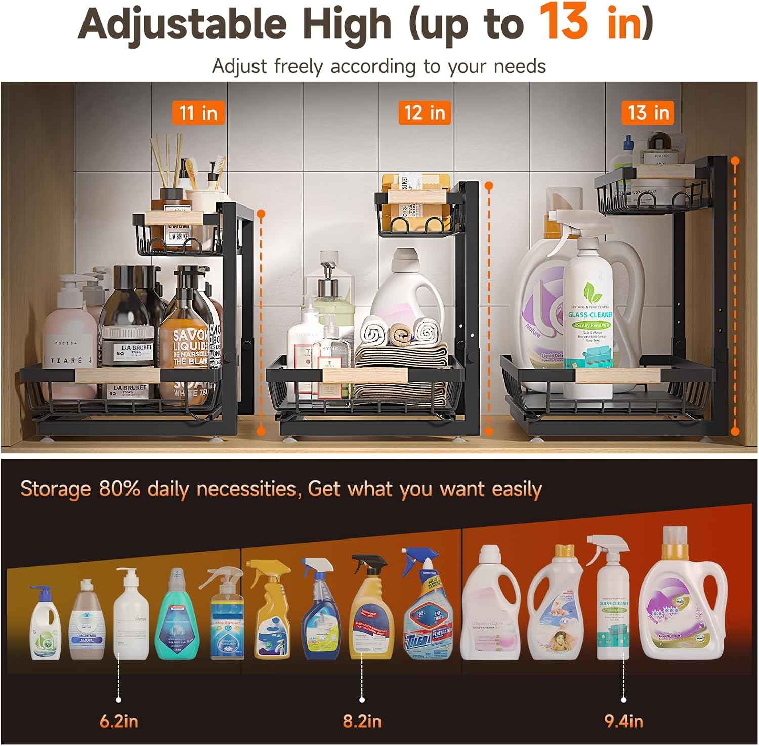 2 Packs Under Sink Organizer, 2026 Upgrade Height Adjustable 2 Tier Under Kitchen Sink Organizer, Multi-Purpose Storage Shelf for Kitchen Bathroom Cabinet (Black)