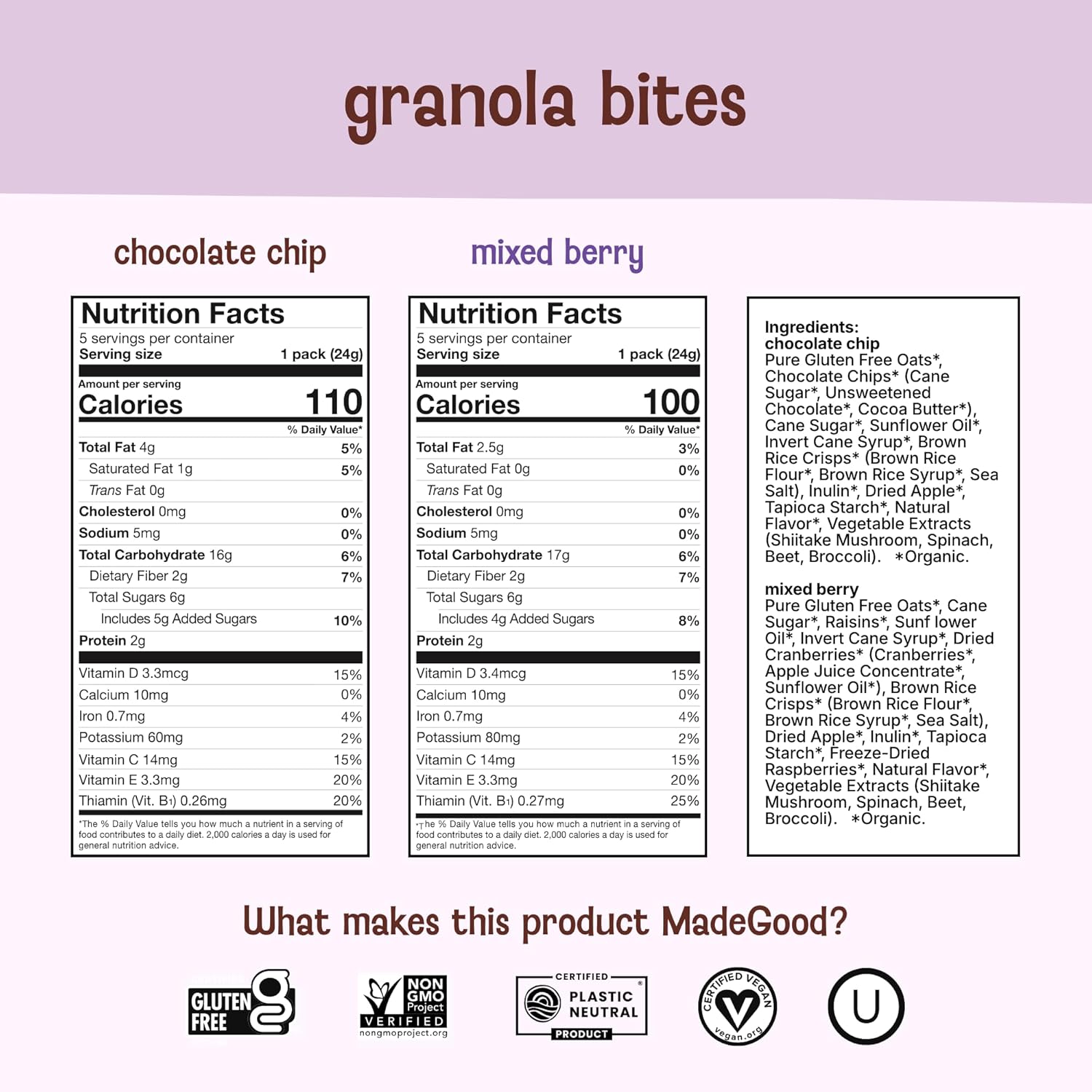 MadeGood Granola Bites Chocolate Chip & Mixed Berry Variety Pack, 28 Count, Gluten Free and Organic Snacks