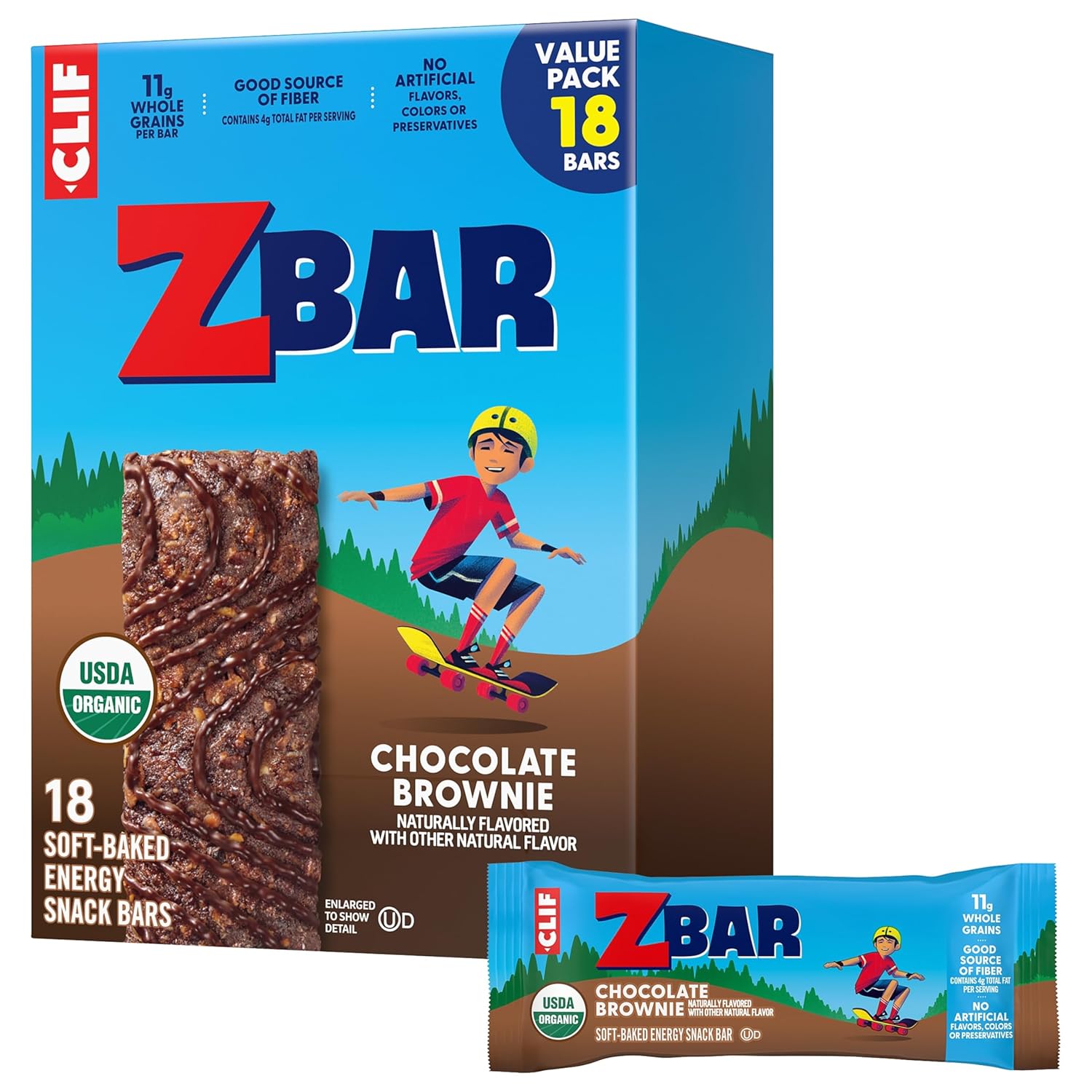 Zbar chocolate brownie soft-baked energy snack bars, non-GMO, 11g whole grains, USDA organic granola bars, 18 pack