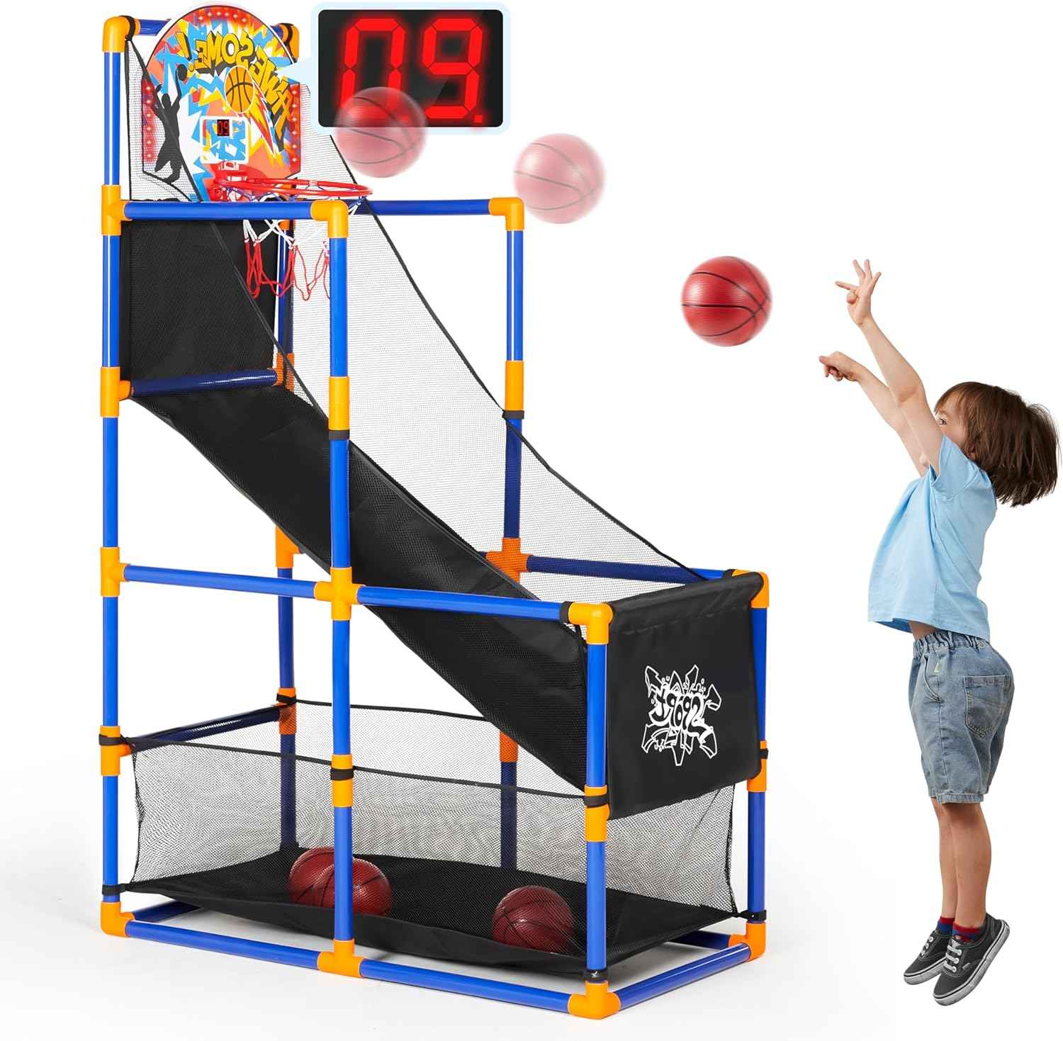 JOYIN Arcade Basketball Game Set with 4 Balls and Hoop for Kids 3 to 12 Years Old Indoor Outdoor Sport Play - Easy Set Up - Air Pump Included - Ideal for Competition