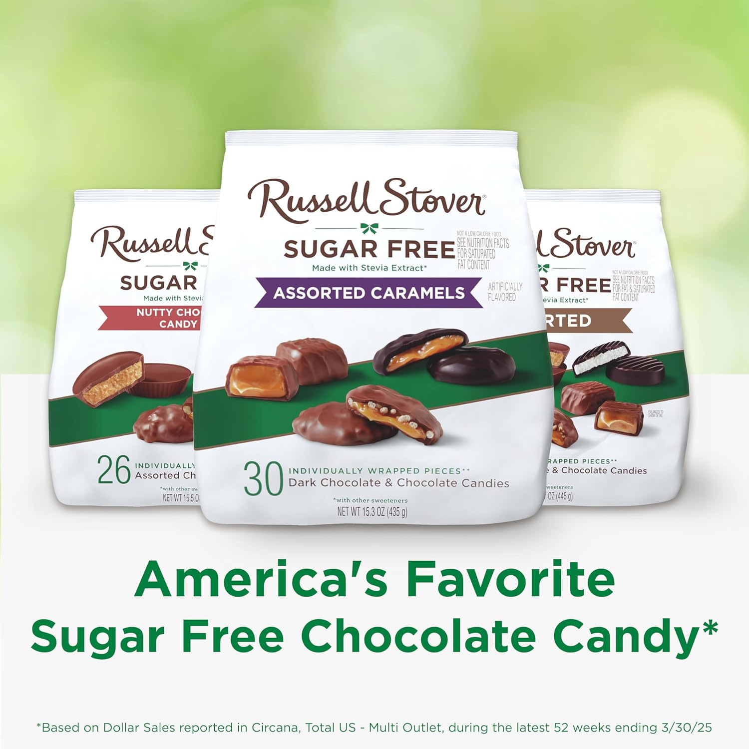 russell stover sugar free assorted caramels in chocolate, 15.3 oz. bag, made with stevia extract, no added sugar