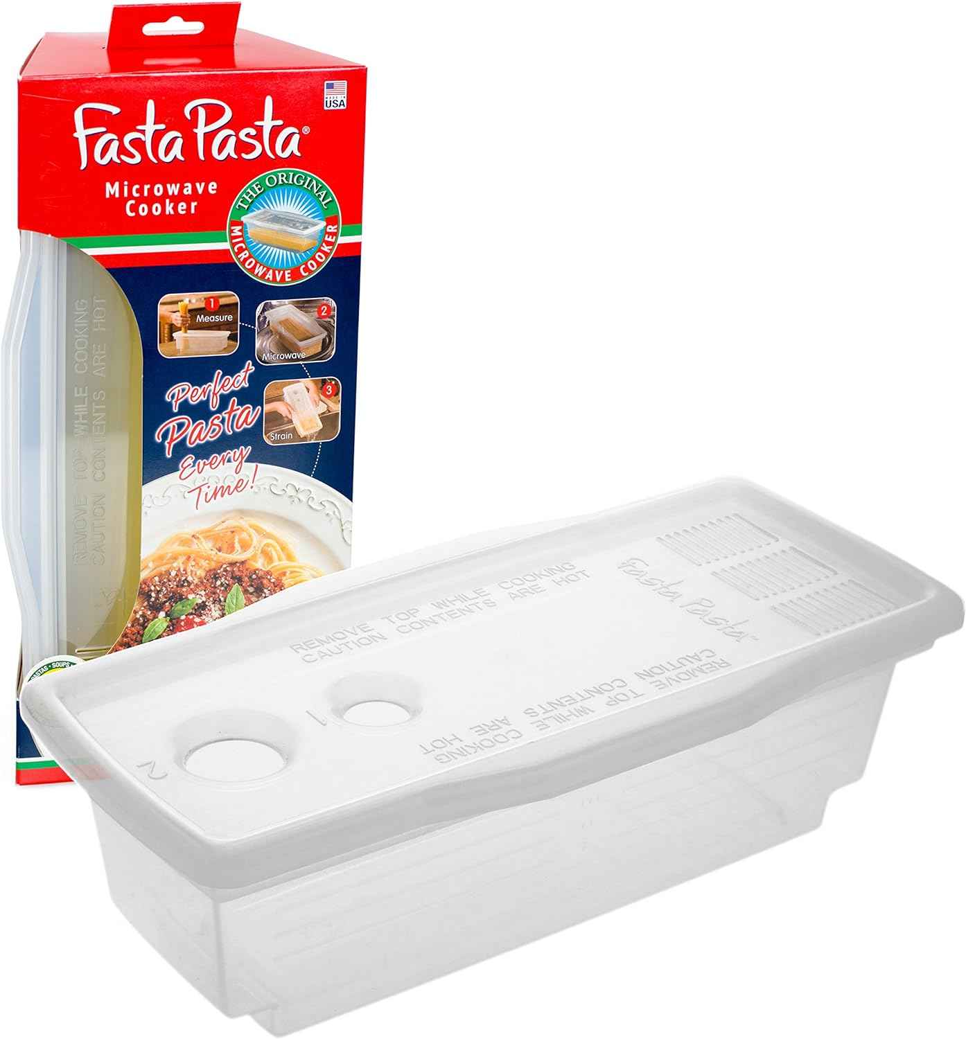 The Original Fasta Pasta Microwave Cooker with Lid & Built-in Strainer-No More Messes, Waiting for Water to Boil, or Sticky Noodles-Perfect Al Dente Pasta Every time- Patented Design, It Really Works