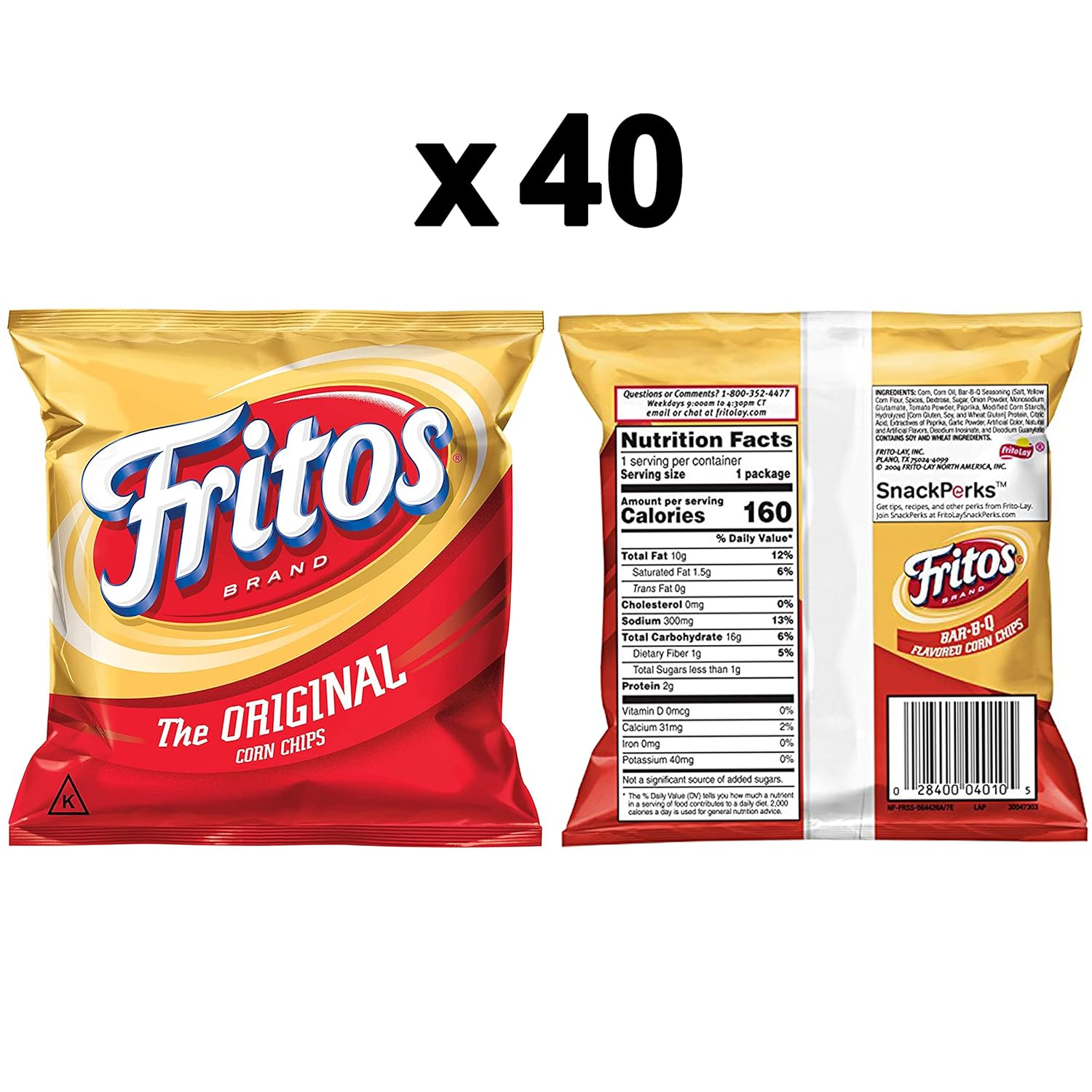 Fritos Original Corn Chips, 1 Ounce, Pack of 40, Gluten-Free, 3-Ingredient Snack