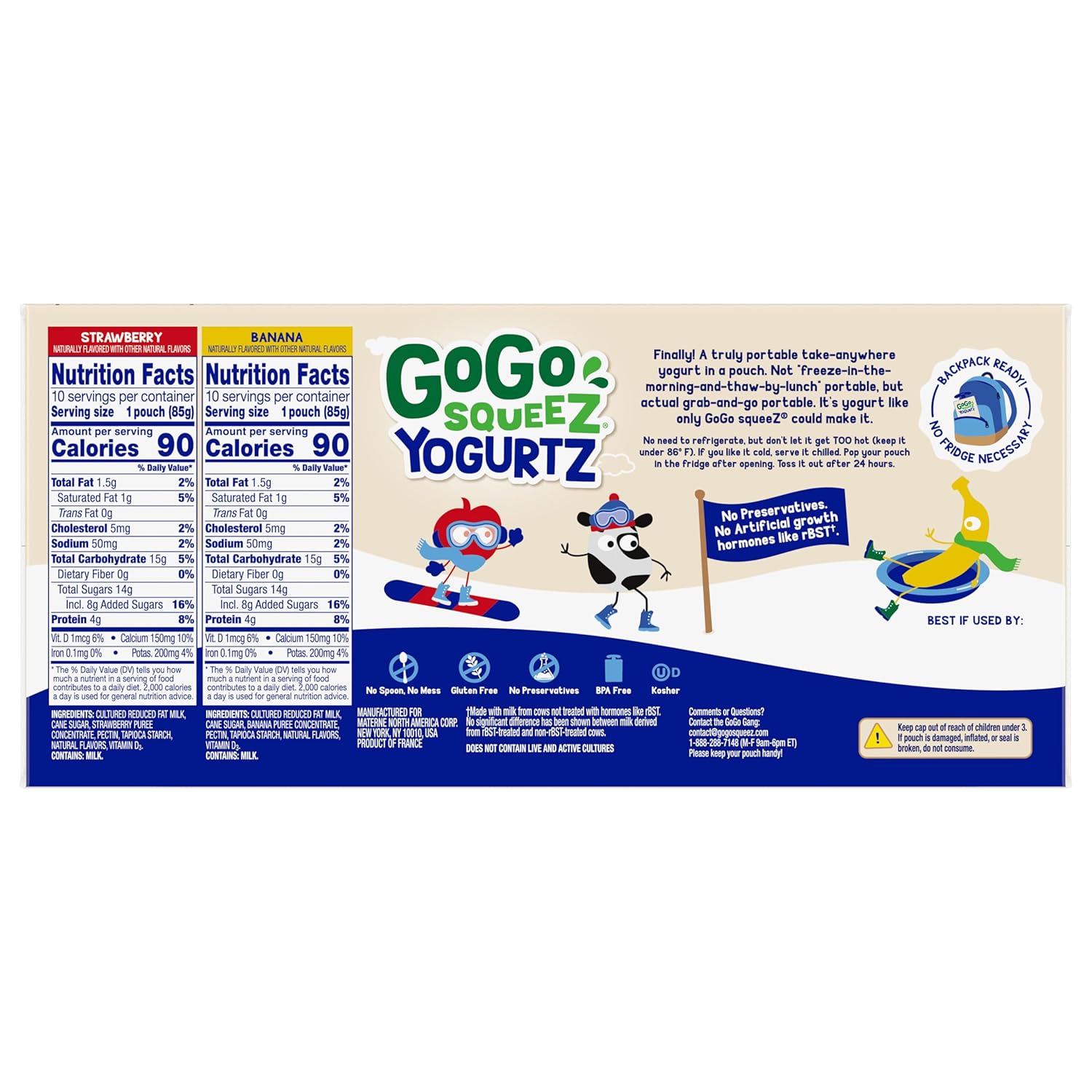 gogo squeeZ yogurtZ variety pack, strawberry & banana, 3oz, pack of 20, kids snacks, gluten free, nut free, recloseable cap, bpa free pouches
