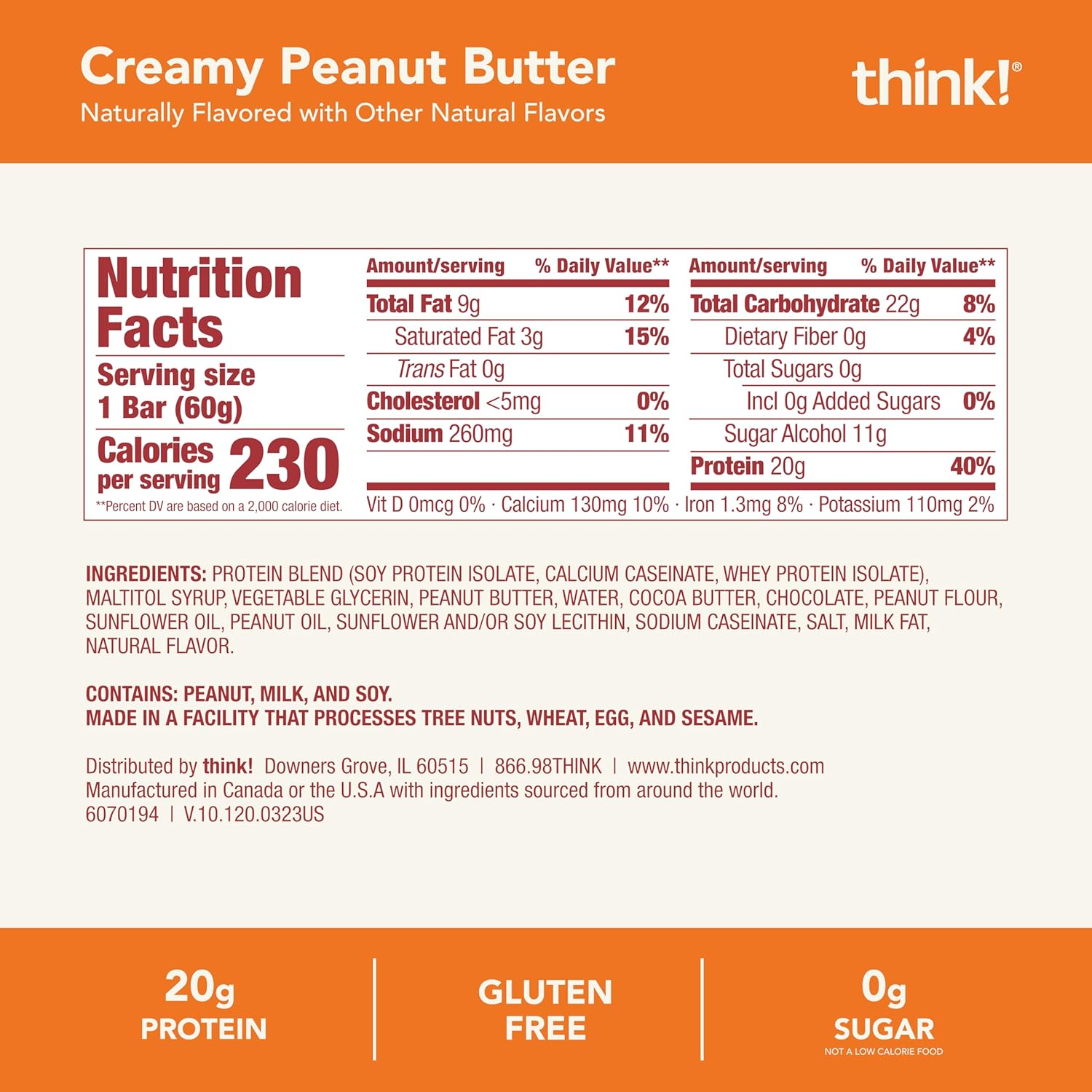 think! protein bars, high protein snacks, gluten-free, kosher-friendly, creamy peanut butter, 20g protein, 12-count pack