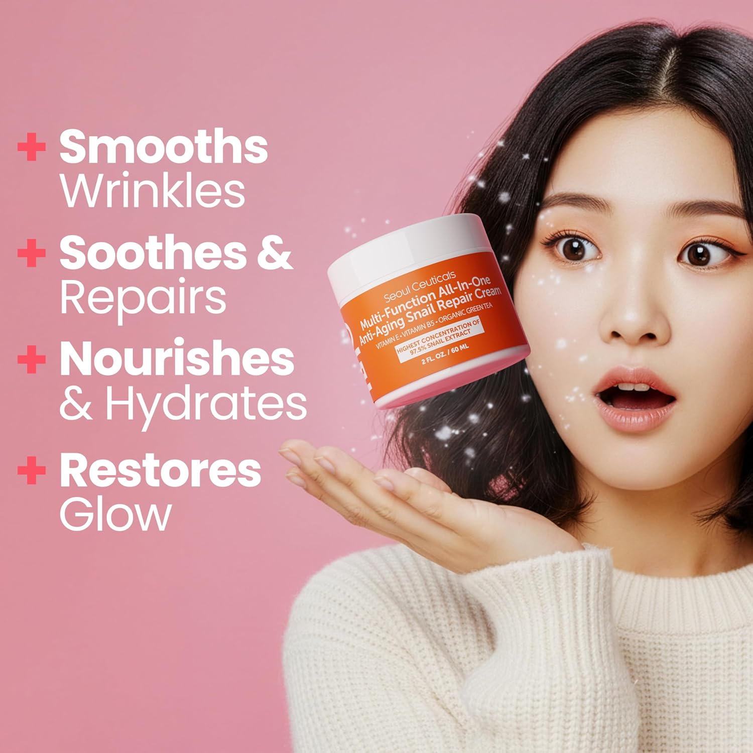 SeoulCeuticals 97.5% snail mucin moisturizer cream, cruelty free, K beauty skincare day and night repair cream, 2 oz