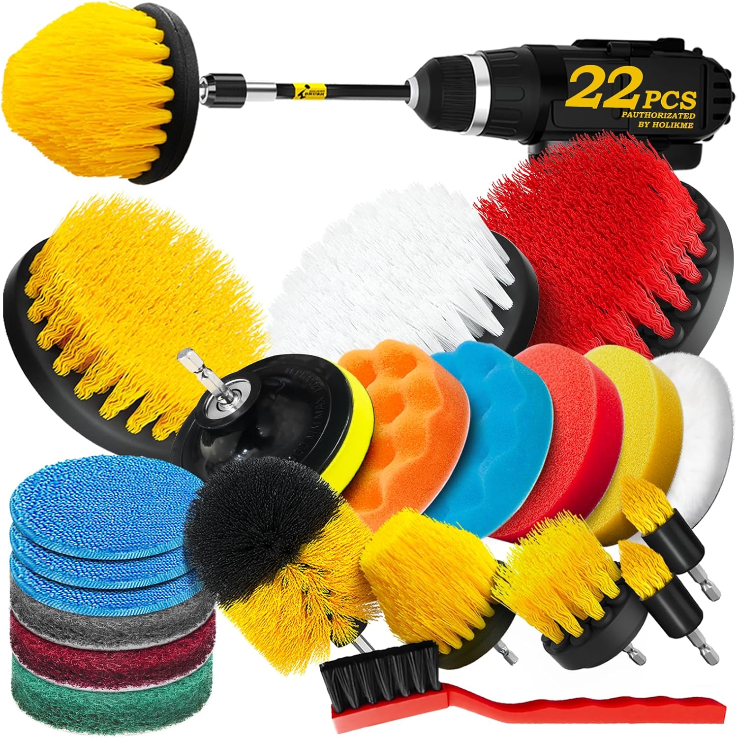 Holikme 22-piece drill cleaning attachment set, car polishing pad kit, wax applicator pad, and cleaning supplies