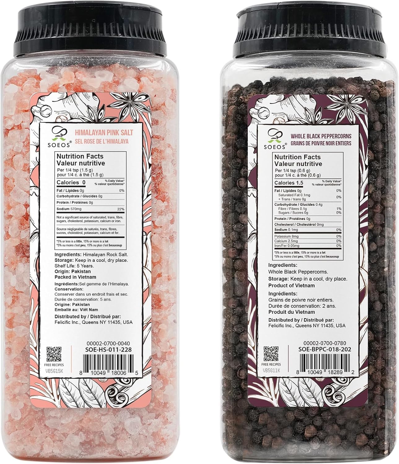 soeos Himalayan pink salt 39 oz + whole black peppercorns 18 oz coarse grain kosher salt non-gmo verified