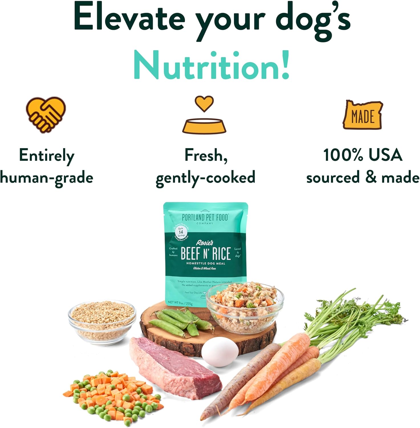 portland pet food company fresh dog food pouches human-grade toppers wet pet meal & mixers for small & large breed puppies & senior dogs gluten-free limited ingredient rosie's beef n' rice 8 pack