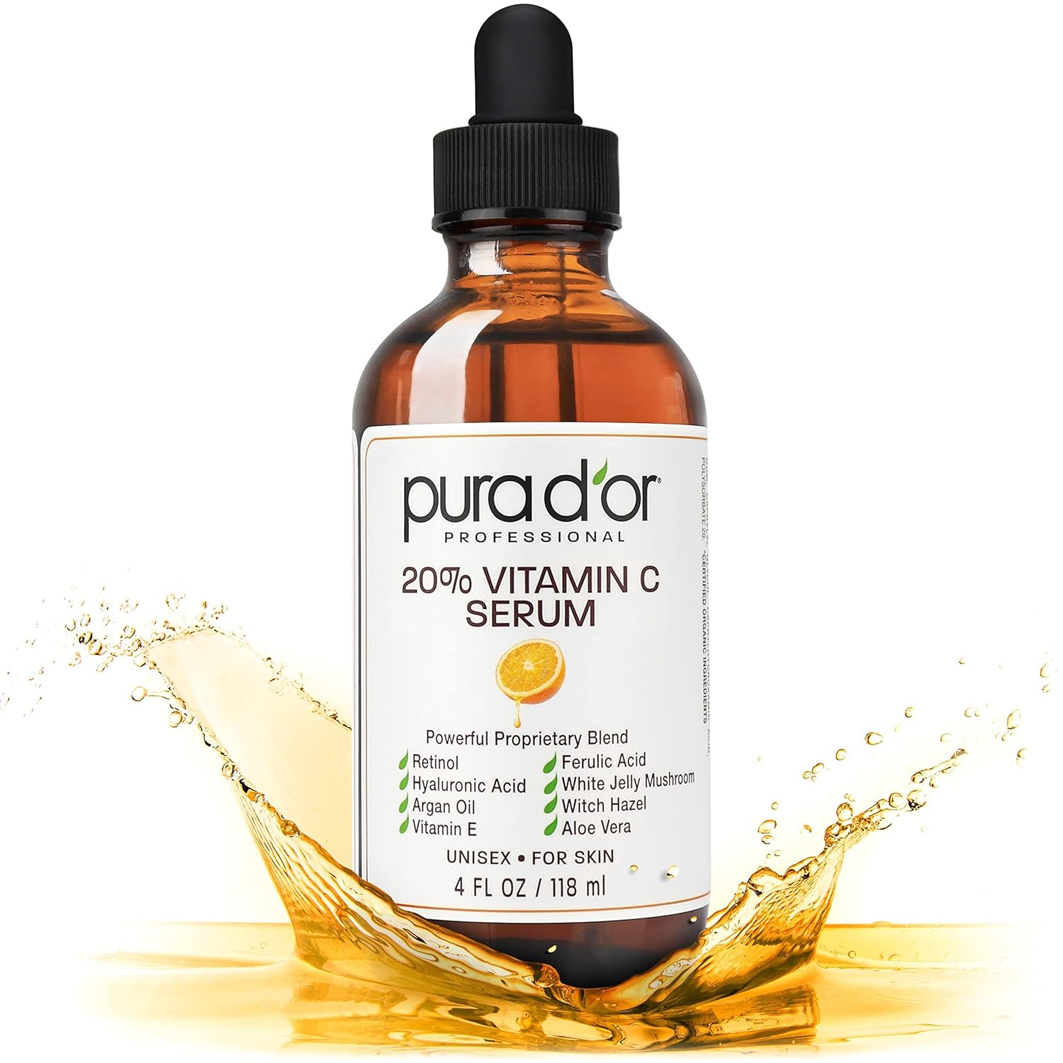 pura d'or 20% vitamin c serum 4 oz - lightweight, retinol, hyaluronic acid, ferulic acid treatment for face & eyes - men & women