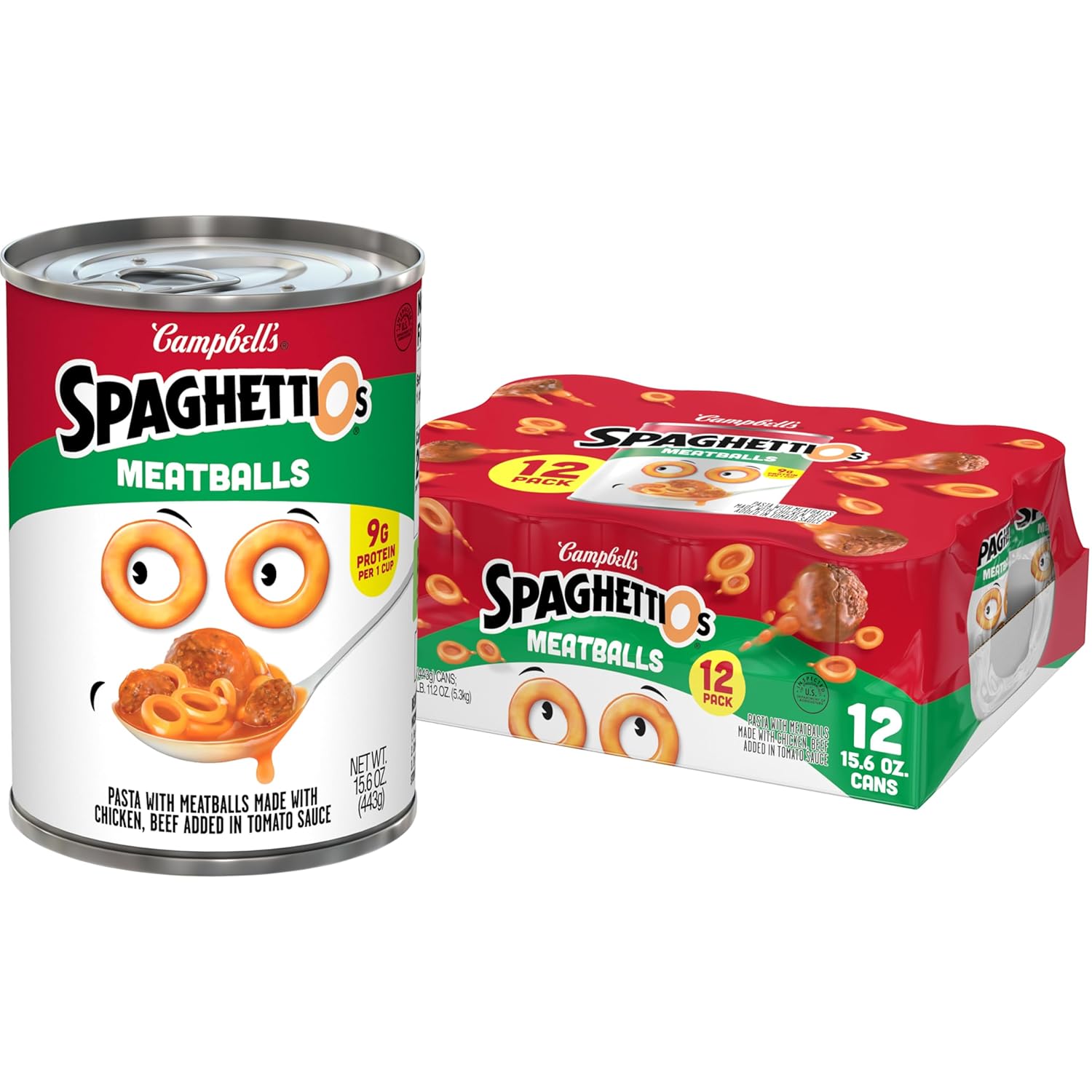 SpaghettiOs Canned Pasta with Meatballs, 12 Pack, 15.6 oz Can, No Artificial Colors, No MSG