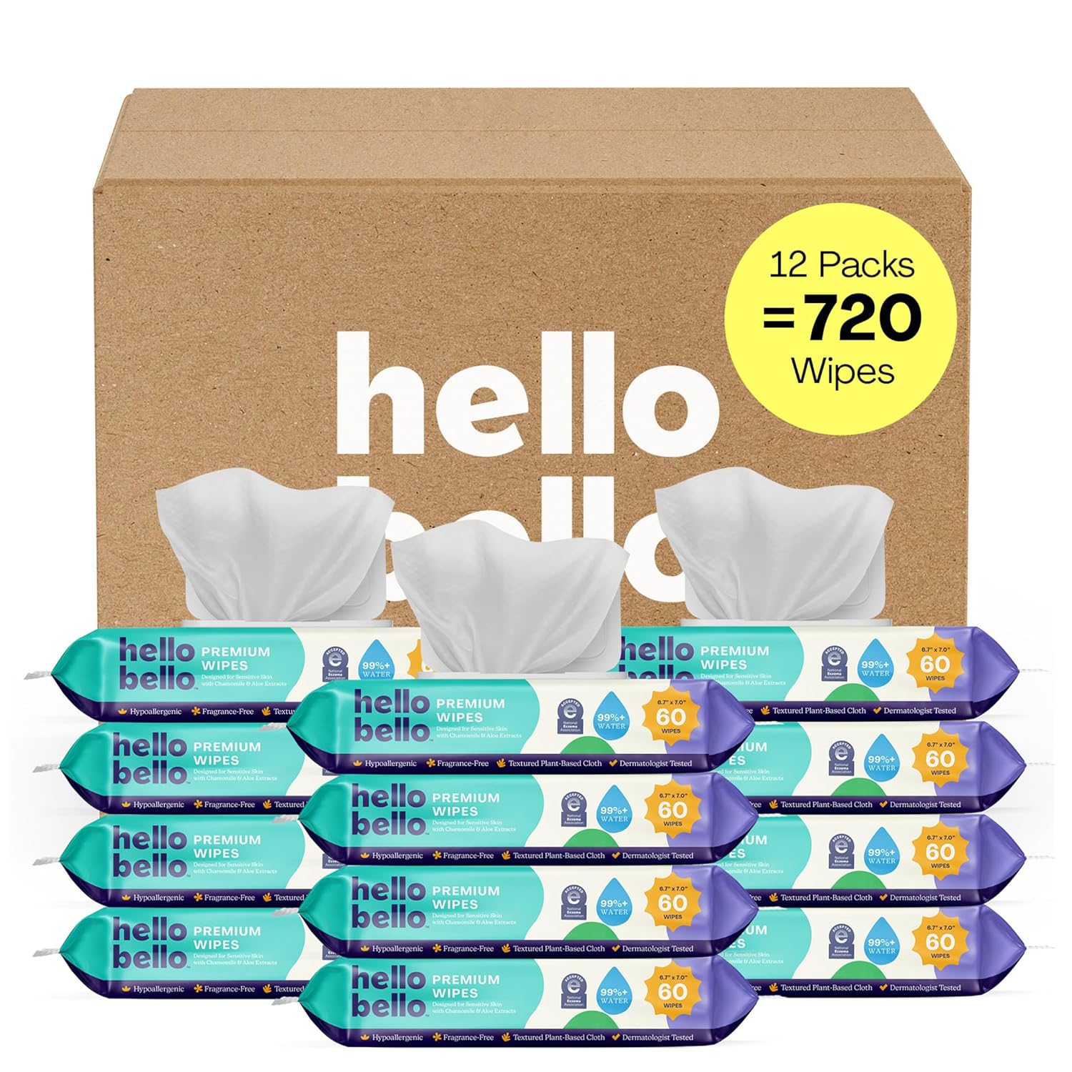hello bello premium fragrance-free baby wipes with chamomile aloe extracts for sensitive skin, 12 resealable packs of 60ct each