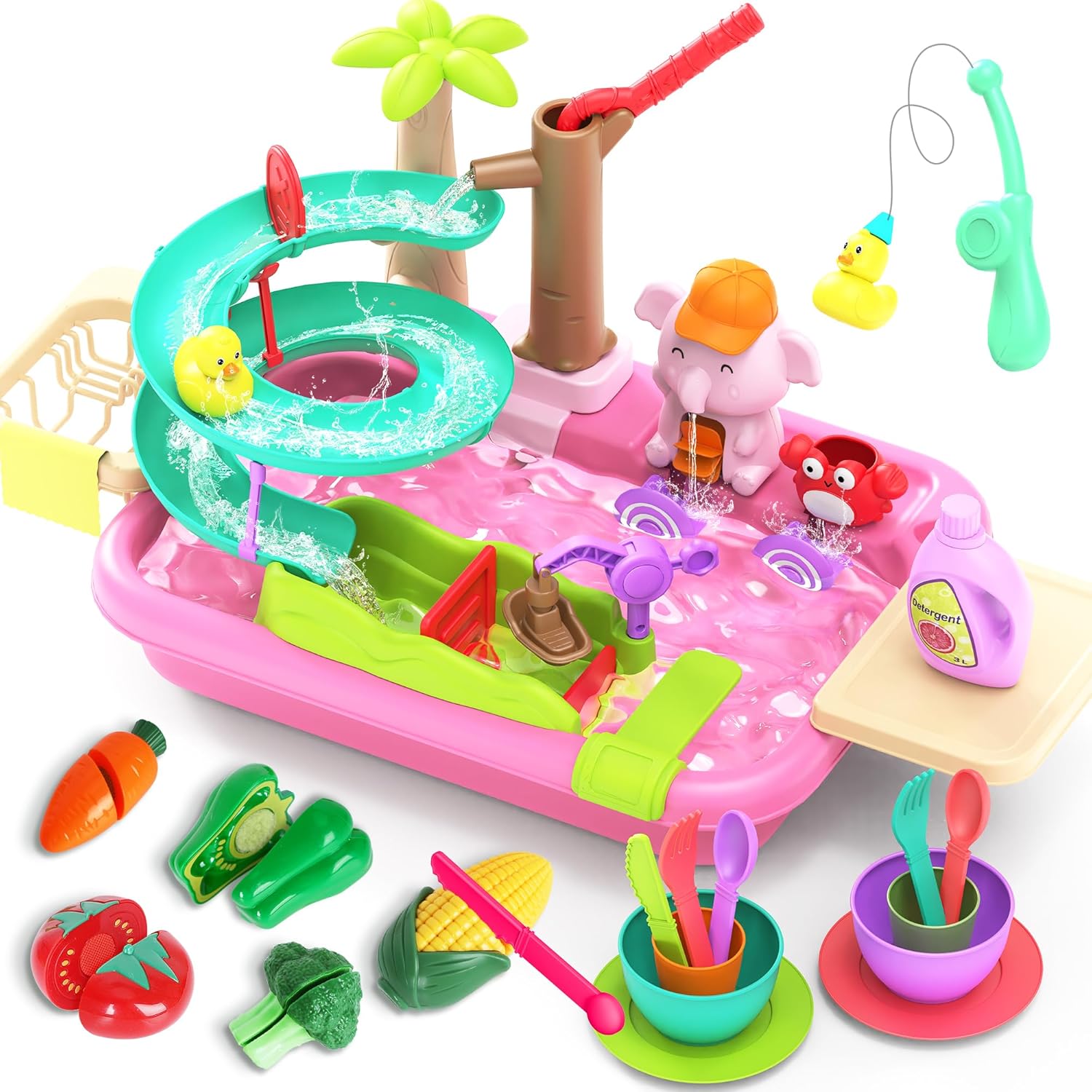 4-in-1 Play Kitchen Sink Toy Set with Running Water, Educational Pretend Play for Kids 3+