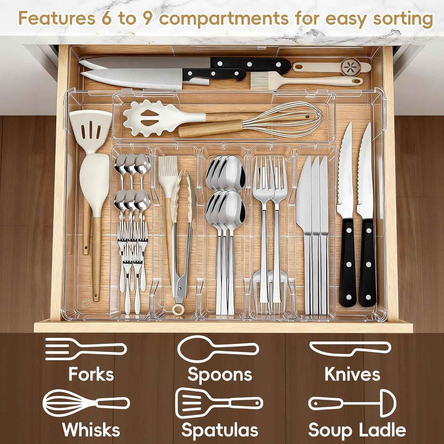 Expandable Silverware Organizers for Kitchen Drawer, Clear Utensil Drawer Organizer Tray, Adjustable Cutlery Flatware Holder for Spoon Fork Knife, Plastic Spatula Tools Gadgets Storage Divider